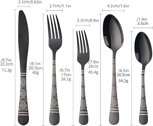 Miniatura 7 de Juego de cubiertos martillados negros para 4, 20 piezas, diseño único de acero inoxidable, incluye cuchillos, tenedores, cucharas, esmalte de espejo