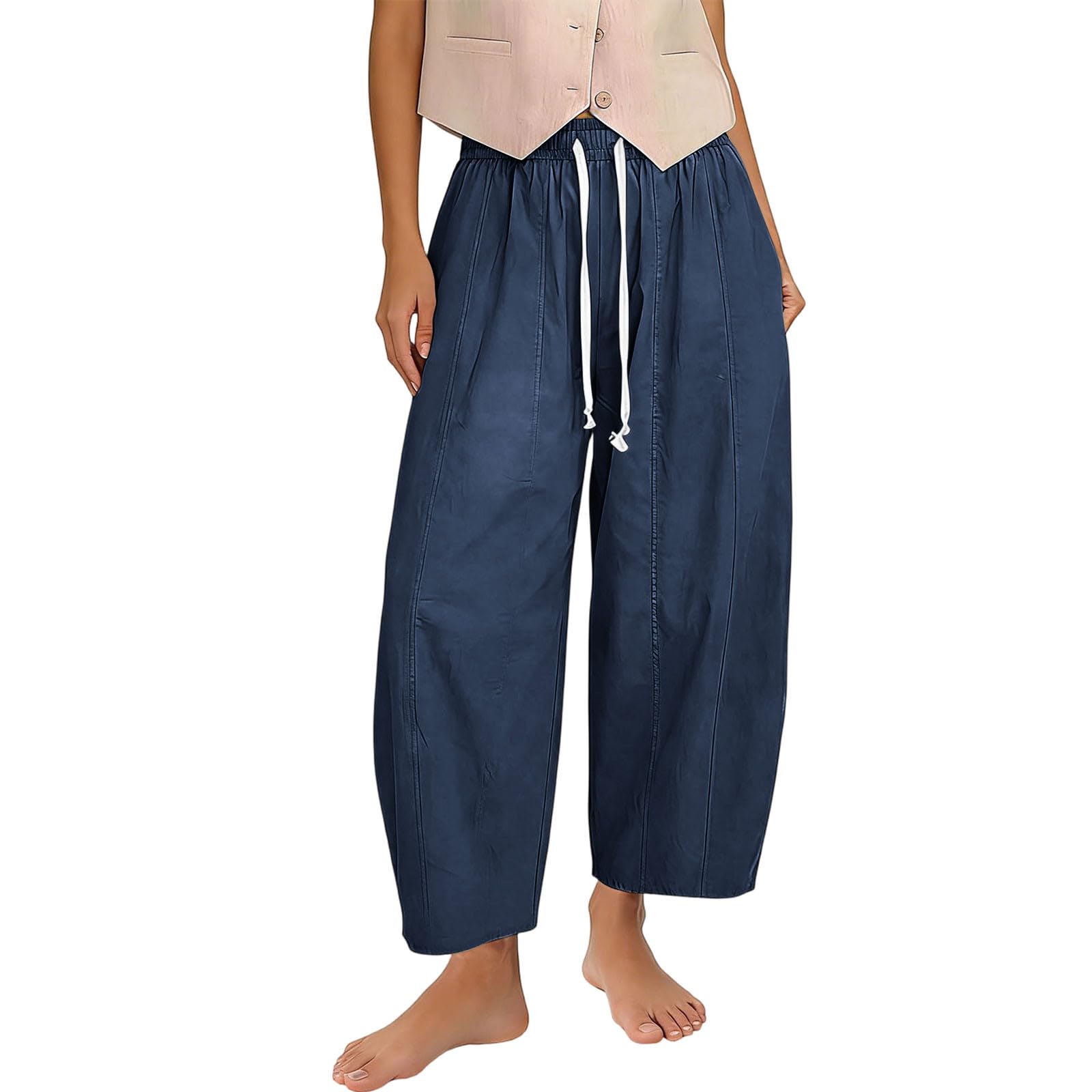Balloon Trousers Women Cotton Linen Summer Barrel Leg Pants with Pockets