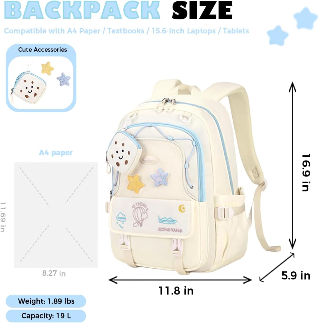 Girls Backpack Cute Star Bookbag for Elementary Middle School Kids Teens Kawaii Book Bag Preppy Y2k Aesthetic Back Pack 6-8 8-10 10-12 (Black)
