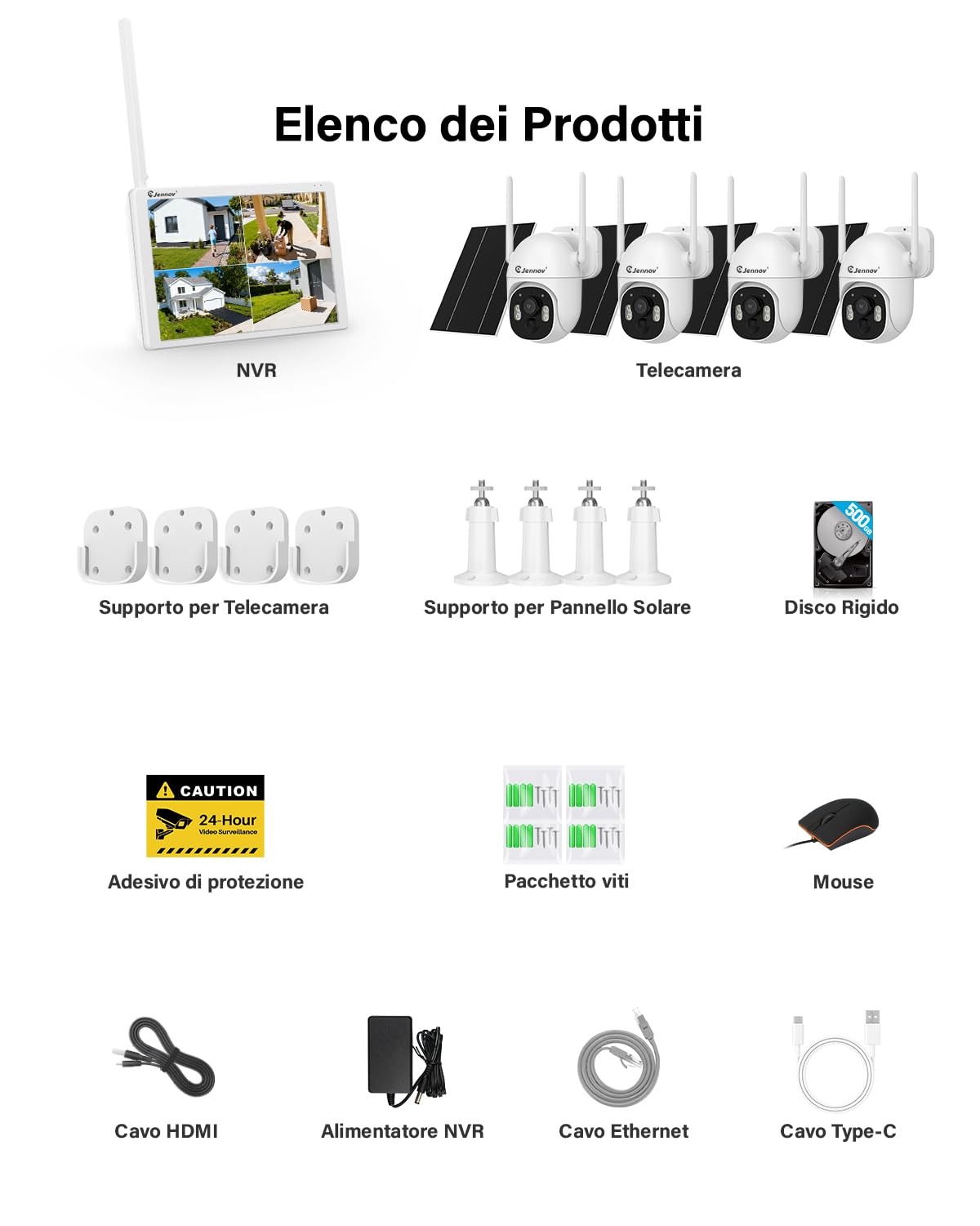 Jennov Kit Telecamere Videosorveglianza Solare con Monitor, 10CH NVR Touch | 5MP Telecamera Solare con 360° Pan&Tilt, Visione Notturna a Colori, Rilevamento PIR, Senza Abbonamento, EseeCloud APP