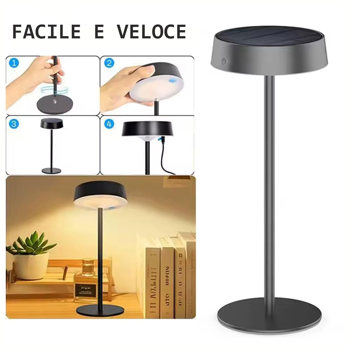 Set di 2 Lampada da Tavolo Solare Touch Senza Fili IP67 per Esterni e Interni, Ricarica Solare e USB-C, Lampada Portatile Impermeabile per Giardino, Terrazza, Scrivania
