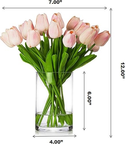 Miniatura 4 de ENOVA HOME 20 arreglos florales de tulipanes artificiales de tacto real en jarrón de vidrio con agua sintética para decoración del hogar (rosa)