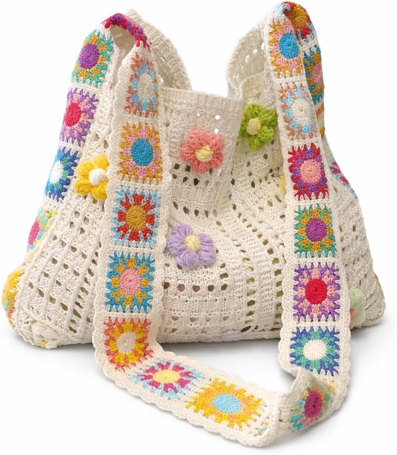 Boho Crochet Tote Bag for Women, Handmade Floral Knitted Shoulder Bag, Large Capacity Summer Beach Bag, Hollow Woven Granny Square Handbag for Travel Vacation
