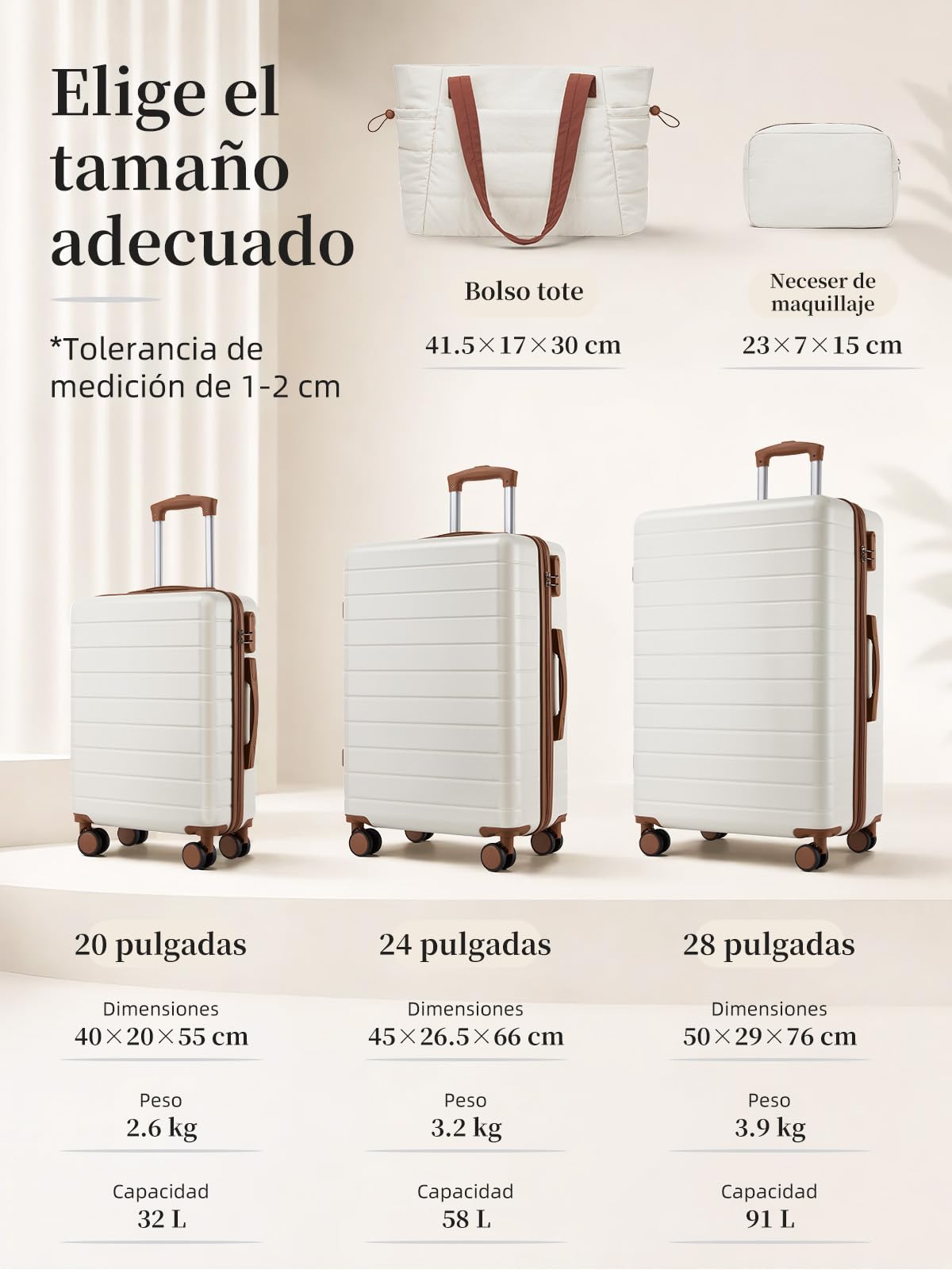 Maletas de Viaje Grandes 23 Kilos con Bolso Tote y Neceser, Crema