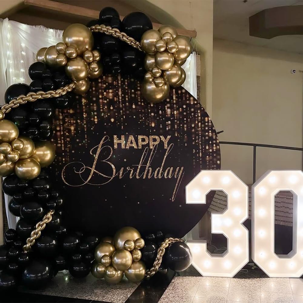 Laeacco Runder Fotohintergrund „Happy Birthday“ – 2,3 M Durchmesser, Schwarz-Gold-Glitzer, Für Partys & Feiern