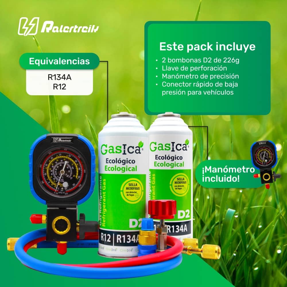 Gas refrigerante orgánico sustituto del R12 y R134A (2 botellas + manometro + llave + conector rapido)