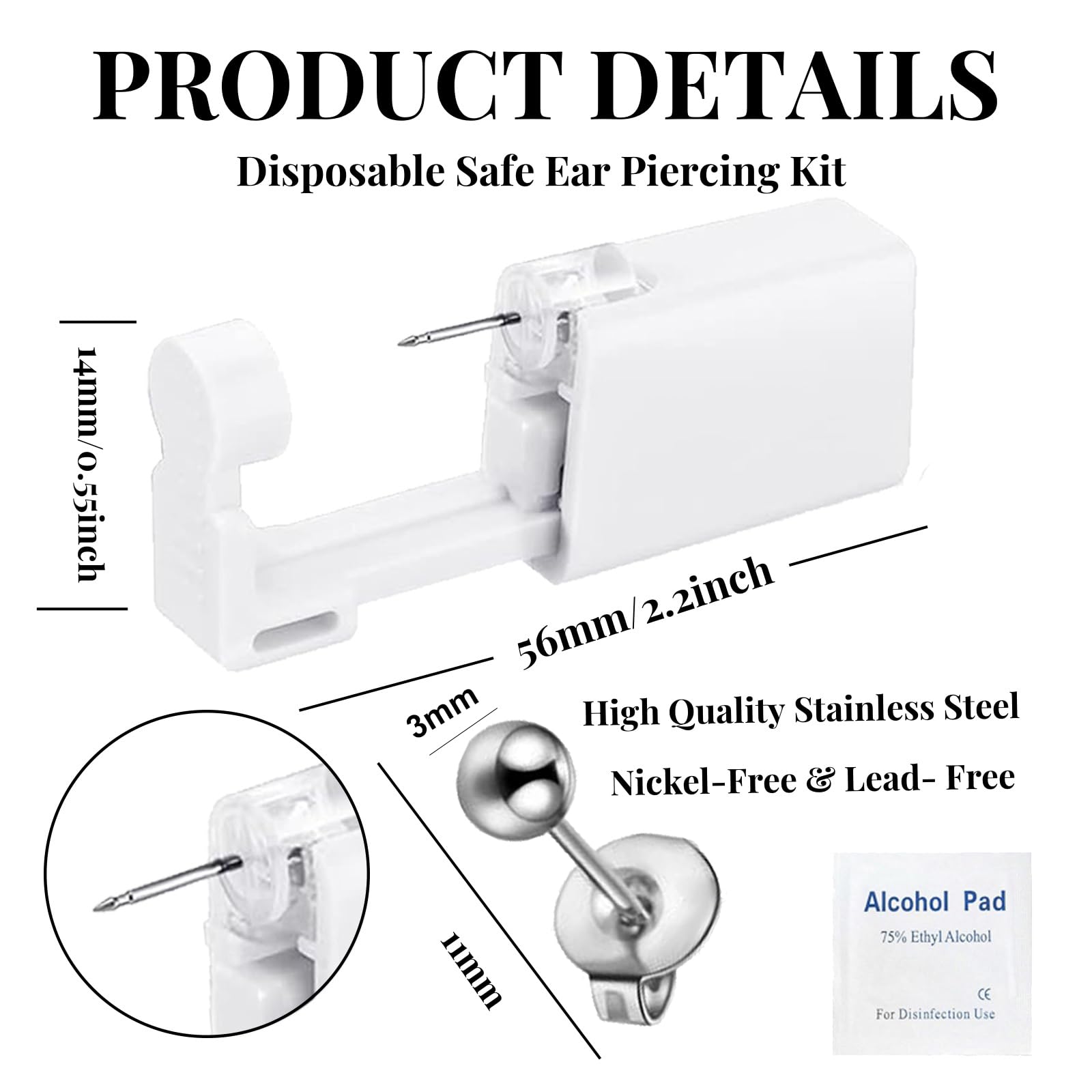 orilace 4 Pcs Ear Piercing Kit - Disposable Piercing Gun Built-In Earring Stud At Home Piercing Kit Low Pain Self Use Convenient Safe Operate 3mm (Silver Ball)