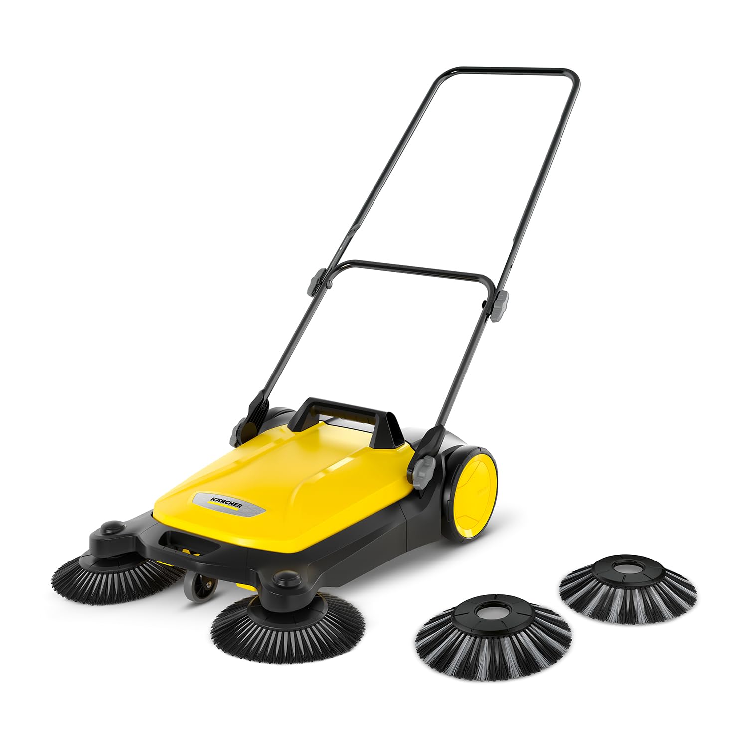 Kärcher Kehrmaschine S 4 Twin 2-in-1, gelb/schwarz | Max. Flächenleistung: 2400m²/h, 2 Seitenbesen, Kehrbehälter: 20 l, Arbeitsbreite: 680 mm
