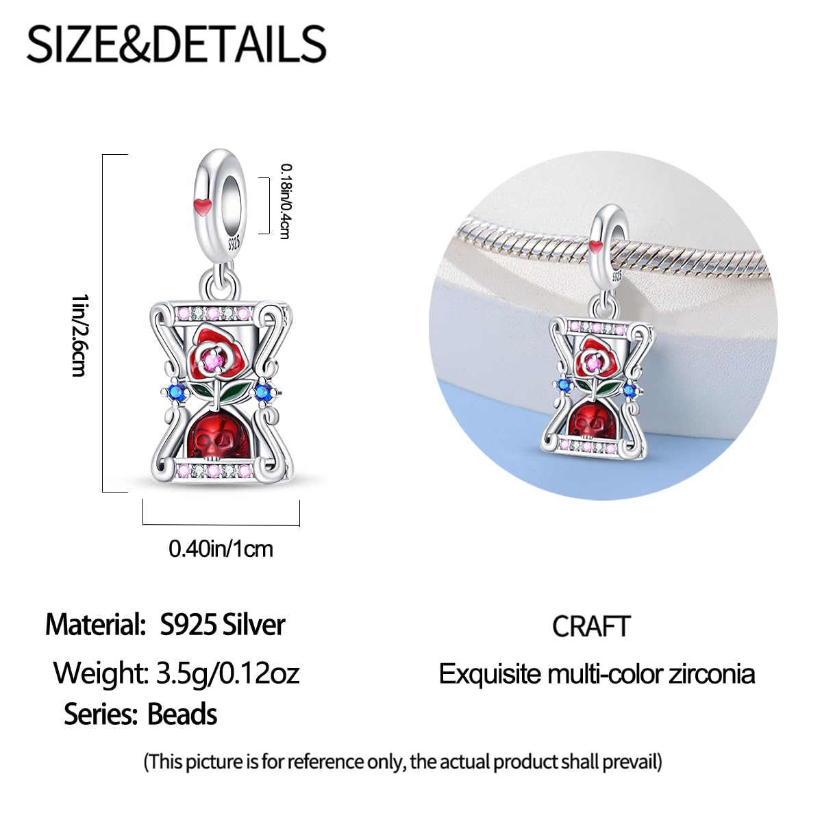 HappyStar Srebro wysokiej próby 925 wysokiej próby, zawieszka w kształcie kwiatu róży w kształcie mapy tarota, zawieszka koralik charms dla kobiet, do bransoletek Pand