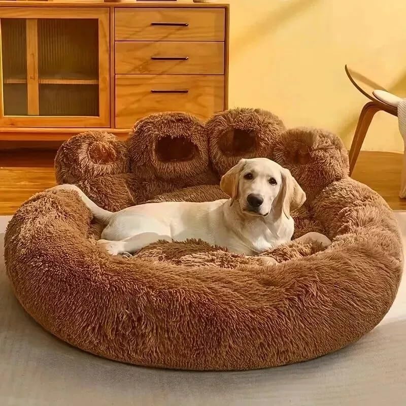 click2style Plush Paw-Shaped Dog Bed, Soft Fluffy Pet Sofa, Anti Slip Round Donut Cushion for Dogs, Grey/Brown/Beige (Brown, Small: 50 x 50 cm)