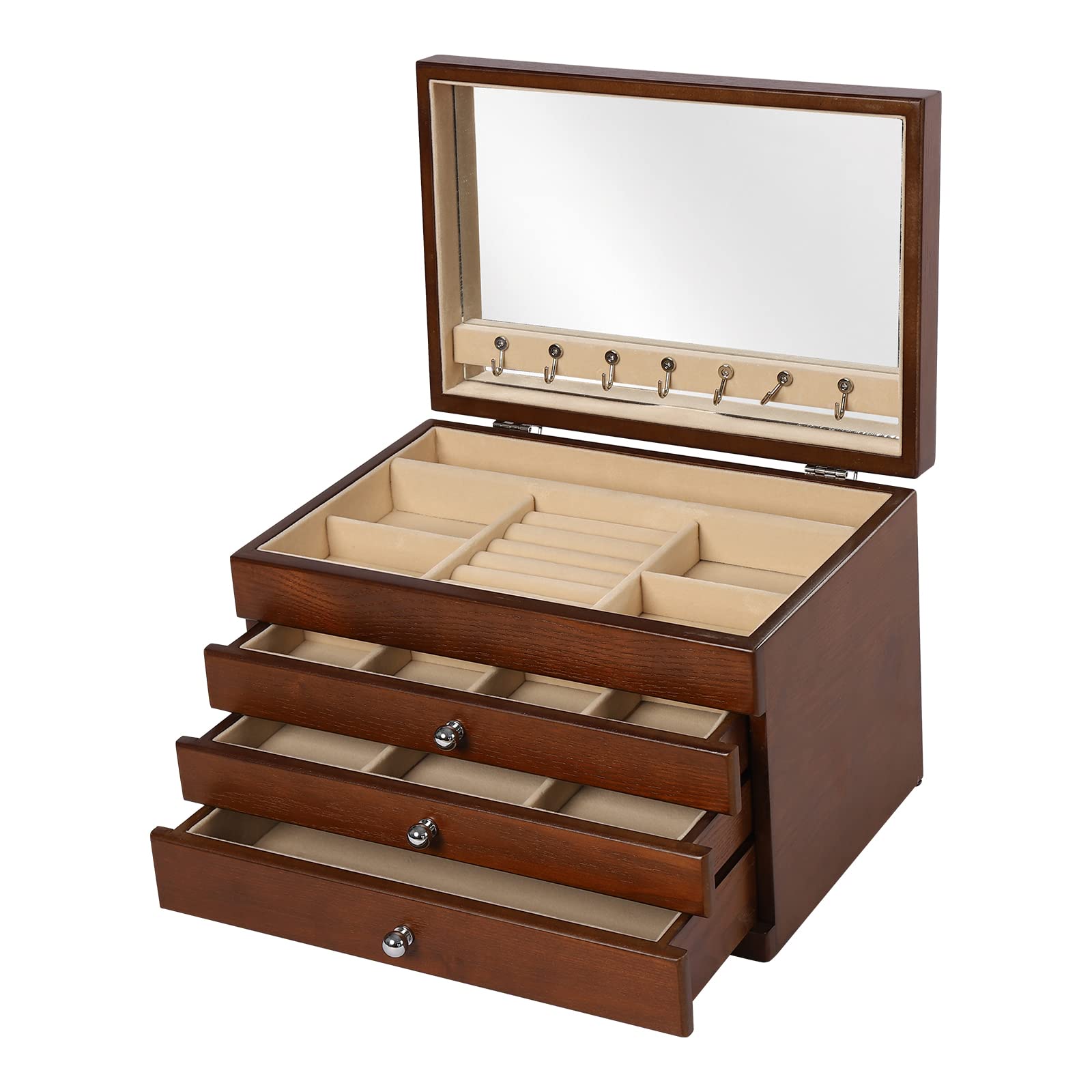 ROMYIX 4-Tier Jewellery Box, Wooden Jewellery Organiser, Jewellery Storage with Drawers, Velvet Lining, for Rings, Earrings, Bracelets, Necklaces