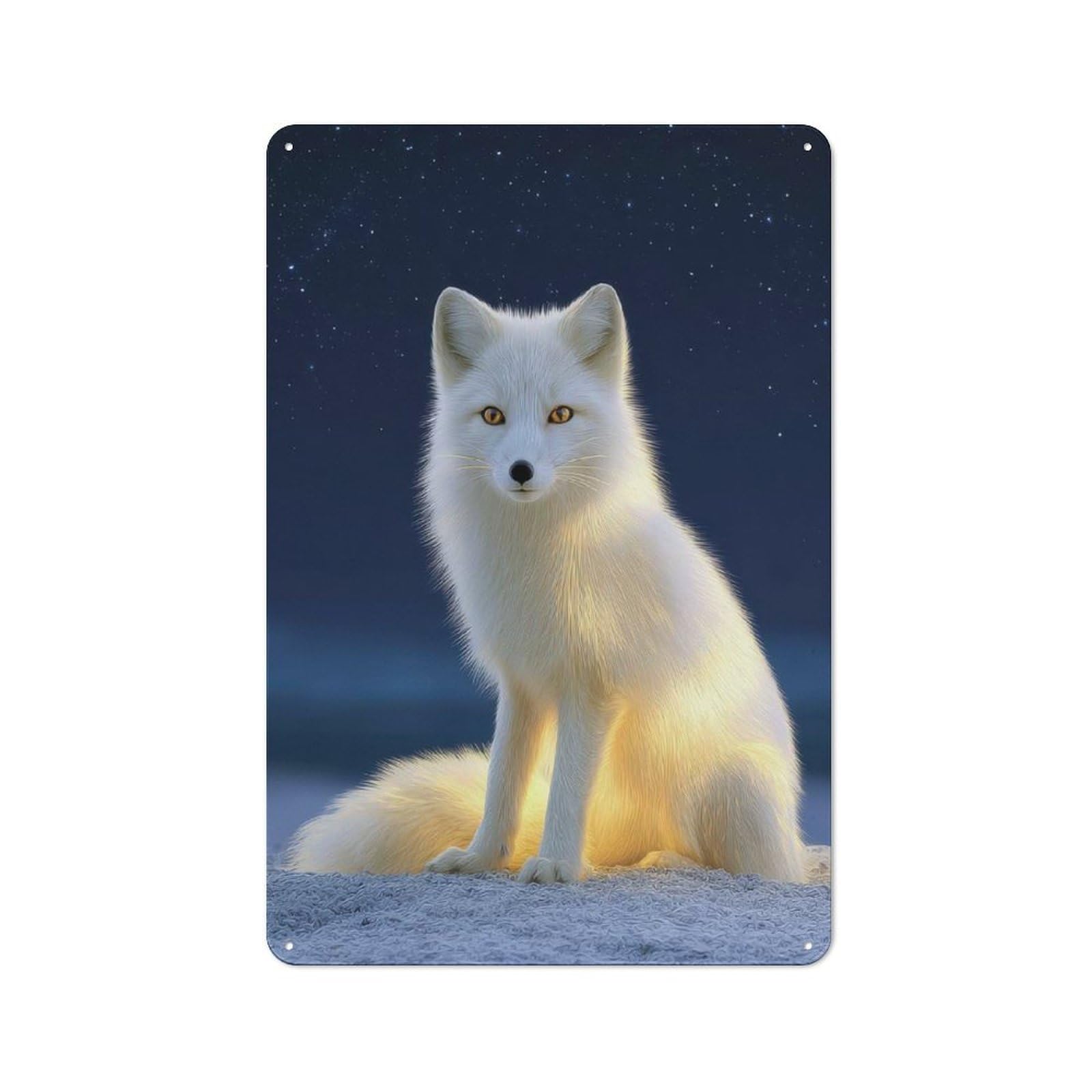 Arctic Fox Under Starry Night Retro Tin Wall Plaque 30x20cm for Garage Or Workshop, A Metal Wall Feature for Garages And Tool Rooms
