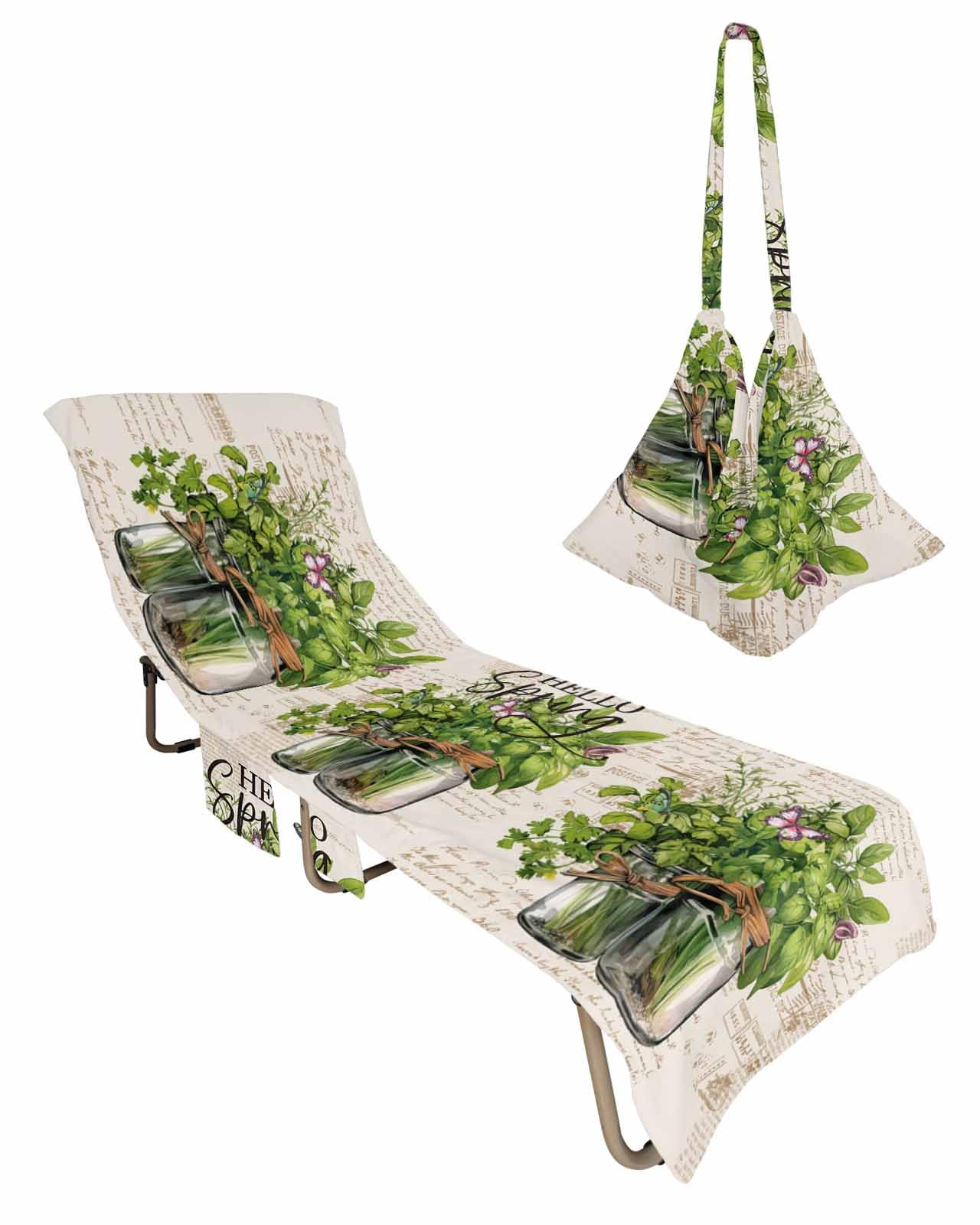 Hello Spring Beach Lounge Chair Towel Cover, Soft Chaise Lounge Towel with Side Pockets Patio Pool Chairs Cover for Beach/Pool Sunbathing 29x85 Pastoral Green Botanical Vintage