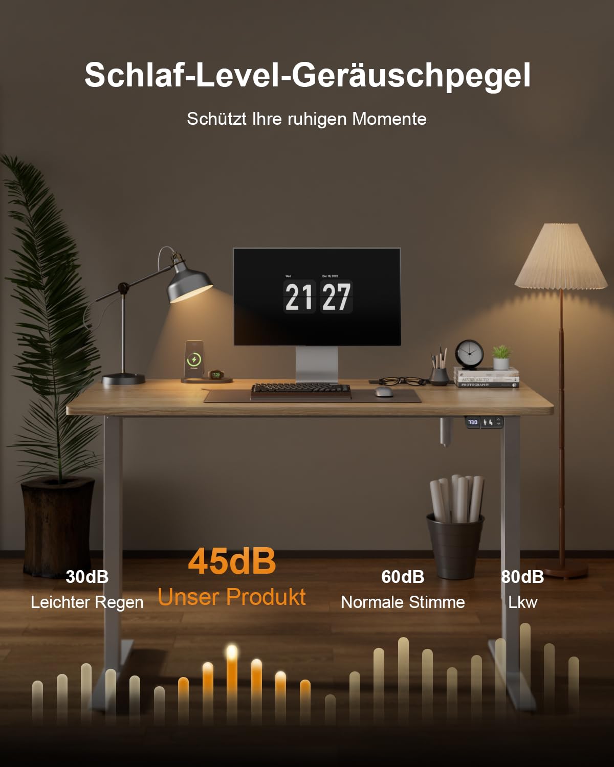 HLONONE Höhenverstellbarer Schreibtisch mit USB-Ladeanschluss und Steckdose, 120 × 60 cm Elektrischer Schreibtisch, Verstellbarer Computertisch mit 2-Funktions-Memory, Ahorn