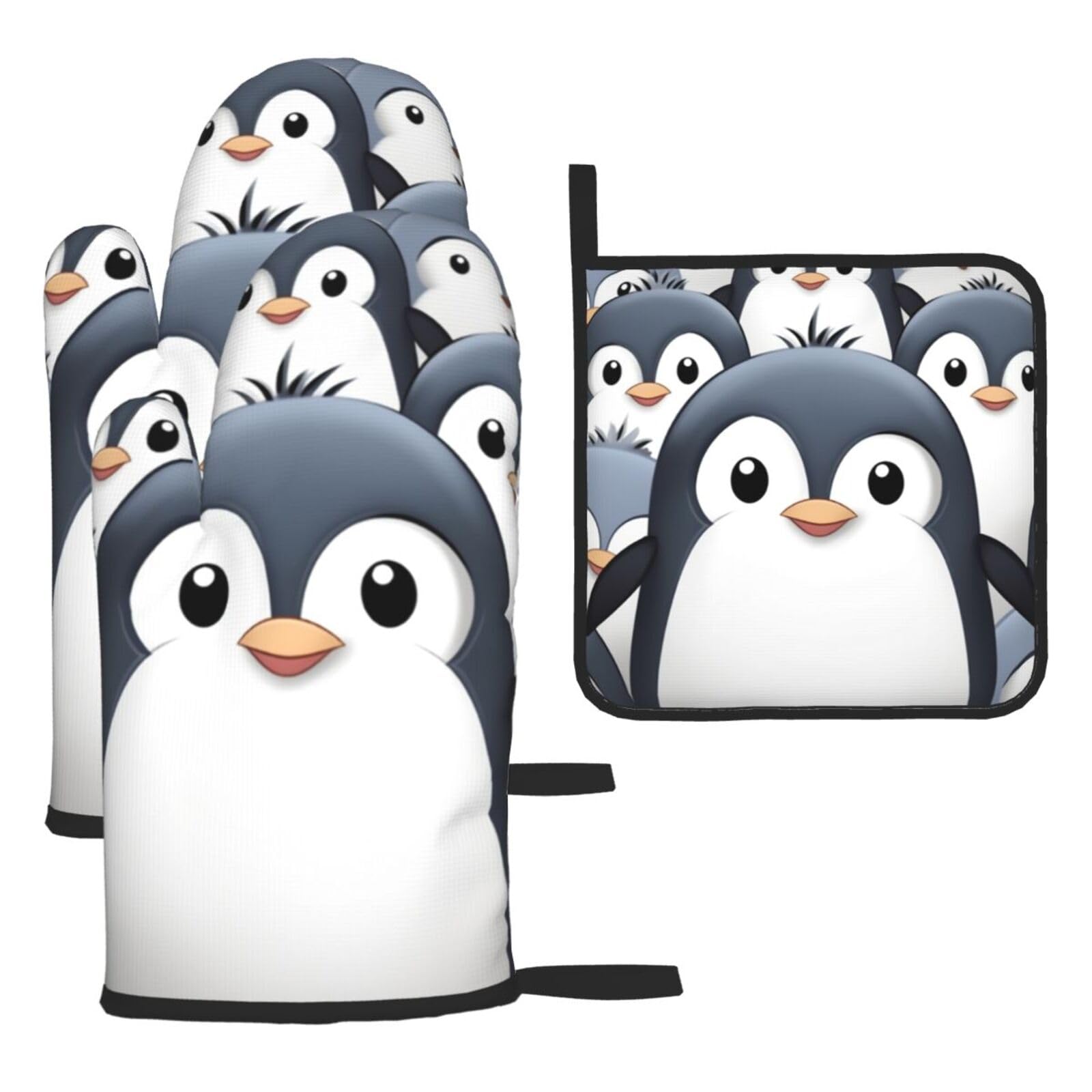 3 Piece Oven Mitts and Pot Holders Set Heat Resistant Oven Gloves and Potholders BBQ Gloves Hot Pads Cute Penguin Cooking Gloves for Kitchen Baking Grilling