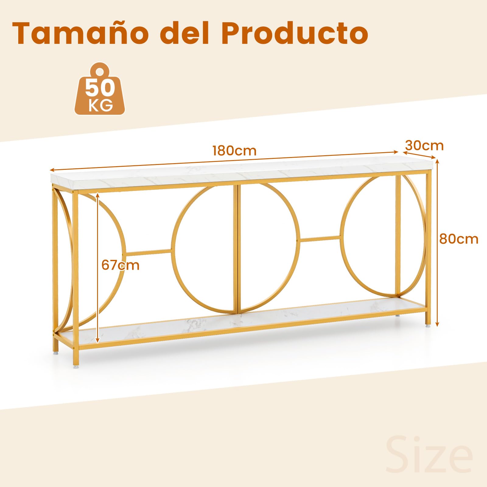 COSTWAY Mesa Consola de 2 Niveles con Superficie de Mármol Falso, Entrada Recibidor, Marco de Metal Resistente, Mesa Auxiliar Larga para Sofá, Mesa de Acento Moderna con Estante, 180 x 30 x 80 cm