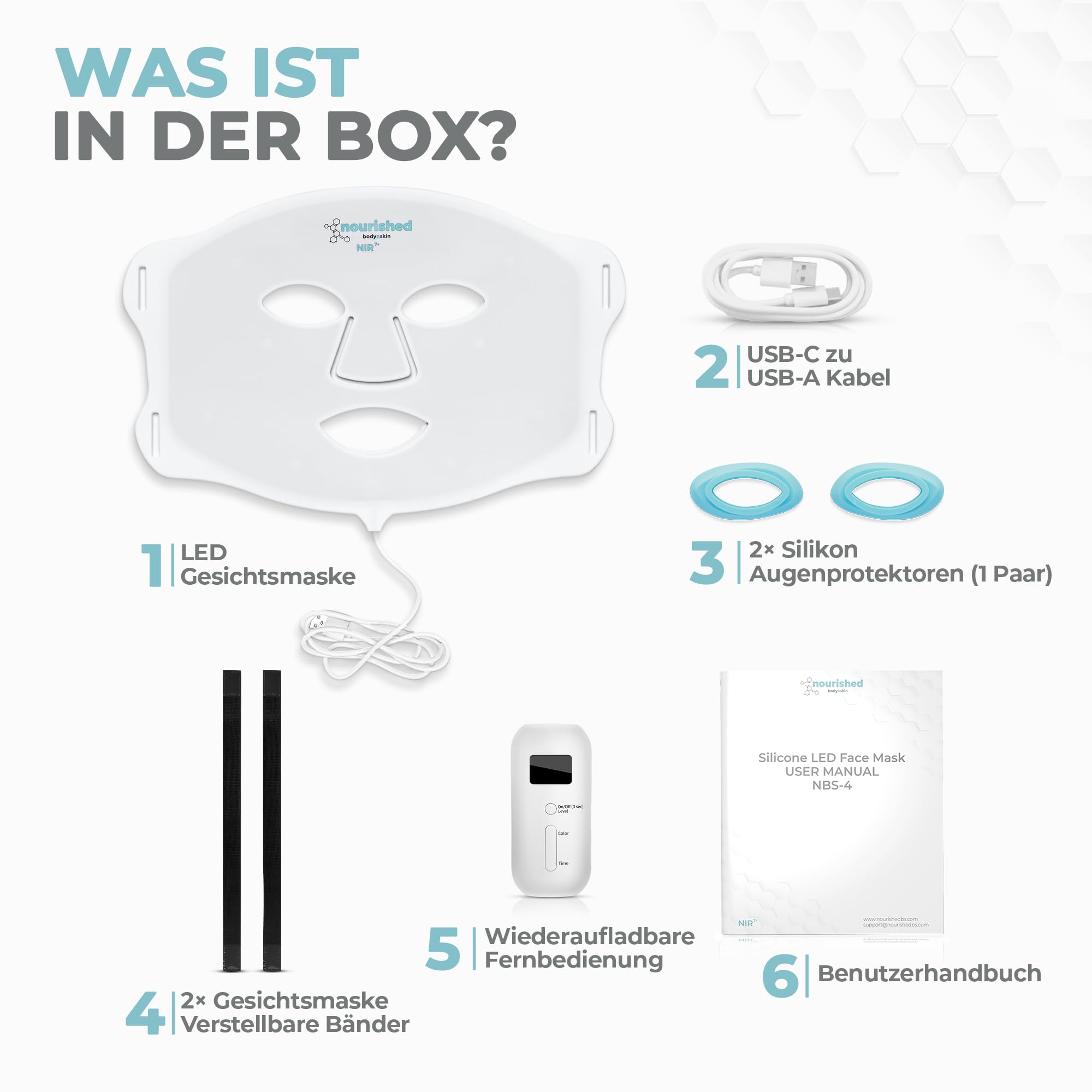 Nourished Bodynskin 7-Farben-LED-Gesichtsmaske mit Nahinfrarot - Blaue, rote Lichttherapie für das Gesicht - 456 LEDs - Hautpflegegerät gegen Falten, Anti-Aging