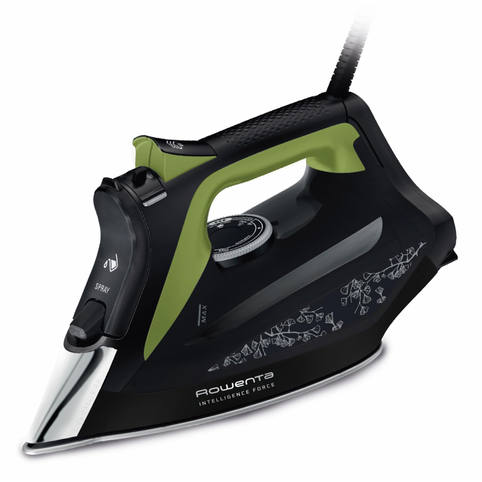 Rowenta Intelligence Force Dampfbügeleisen, 2500 W, Präzisionsbügelspitze | kontinuierliche Dampfabgabe: 45 g/Min., Dampfstoß: 180 g/Min., Anti-Tropf-Funktion, schwarz/grün, DW6330