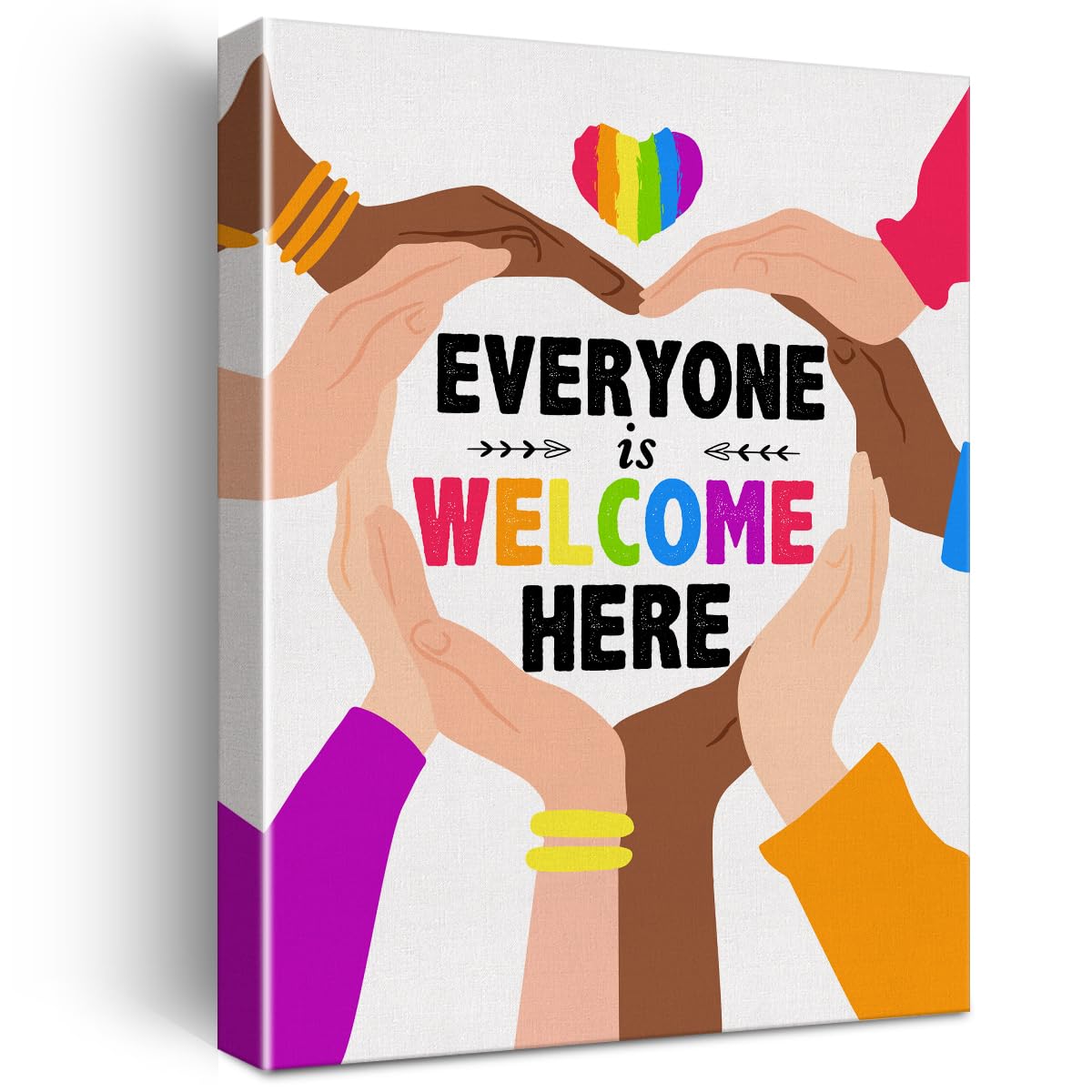 Diversity Wall Art Canvas Painting Print Framed Everyone is Welcome Here Poster Canvas Sign for Classroom School Office Decor (12x15 Inch)