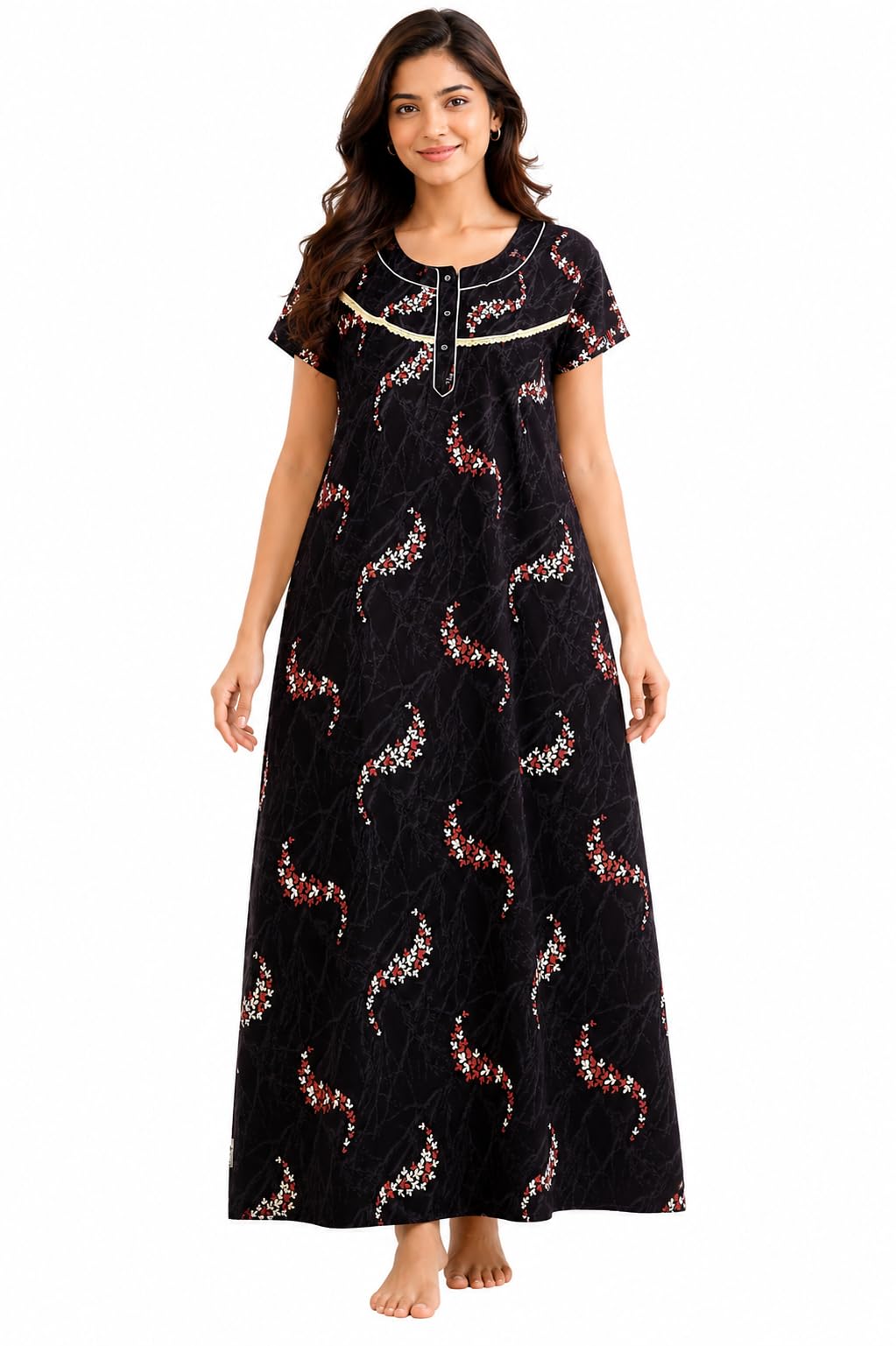 Women's Premium Cotton Feeding Maxi Nighty | Front Open 8 Inch Button Placket | Full Length | Side Pocket | Soft & Breathable | Maternity & Nursing Night Dress-image-16