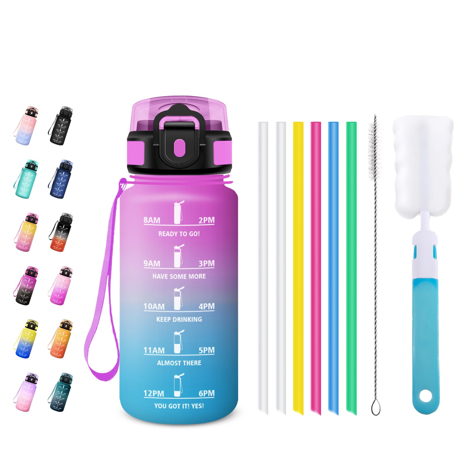 JAPORIA Water Bottle 500 ml, Sports Bottle with Straw and Time Marking, Leak-Proof, Suitable for Carbonated Drinks, Water Bottle for School, Yoga