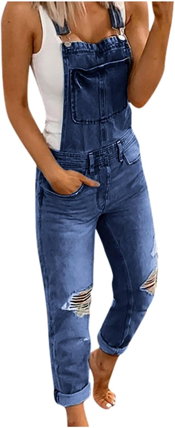 Women's Ripped Denim Bib Overalls Adjustable Straps Pockets Jean Rompers Casual Distressed Jeans Fit Jumpsuits