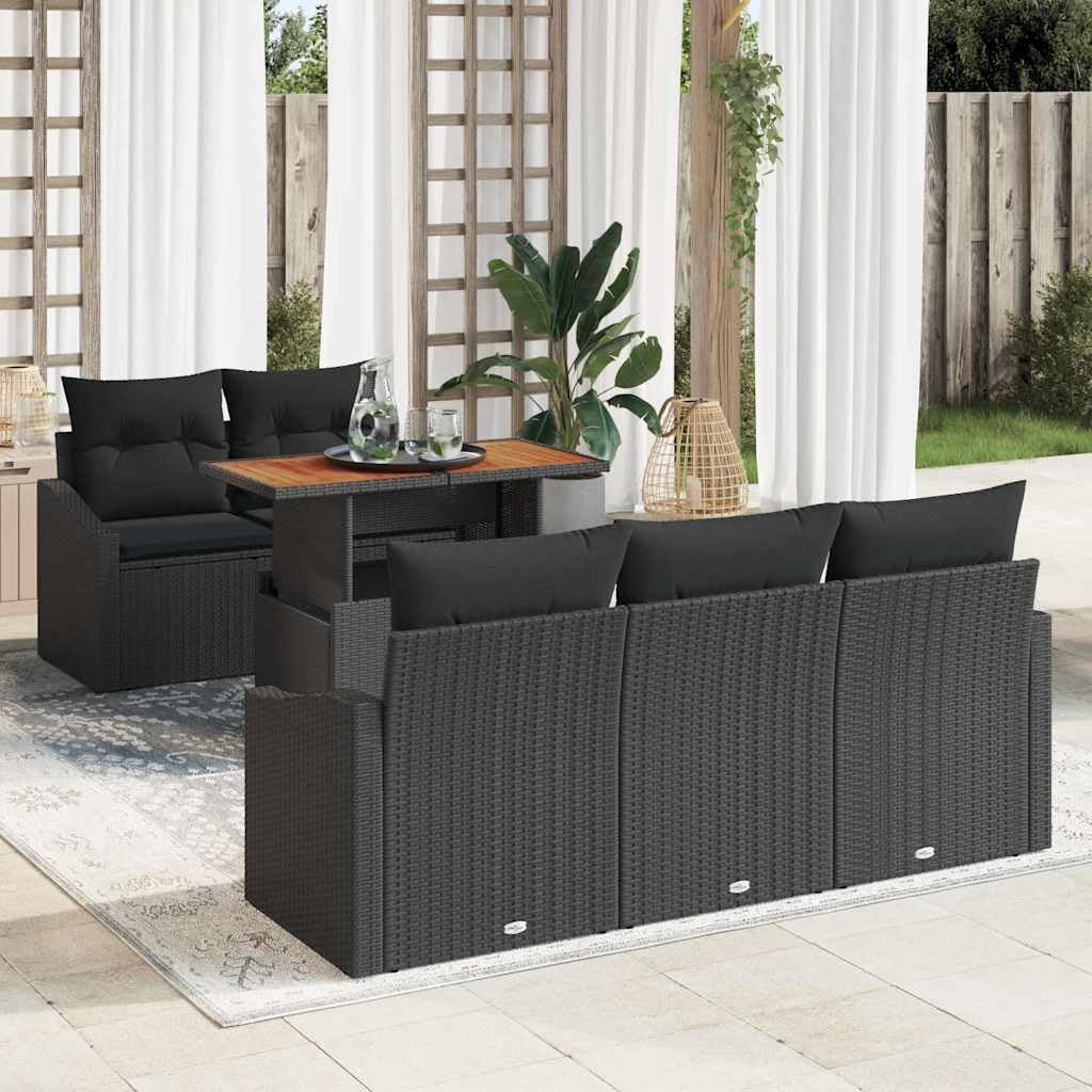 Set di divani da giardino modulari, 6 pezzi, in polyrattan nero, con vano portaoggetti sotto i cuscini, scomparti impermeabili per coperte e attrezzi, resistente alle intemperie, per terrazza