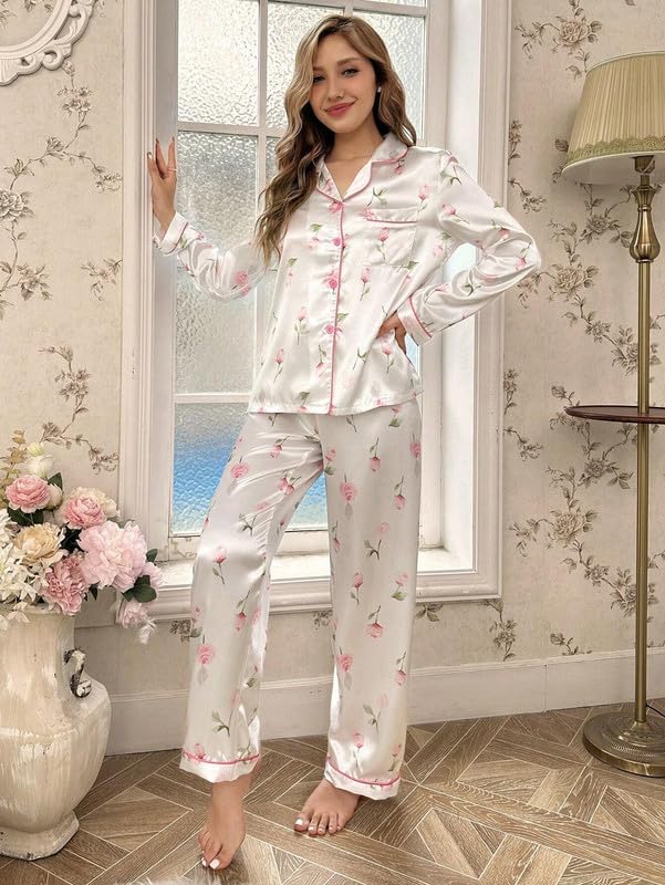Image of Night Suit for Women with Full Sleeve Button-Down Top with Pant Dress for Woman, Night Dress for Woman, Cotton Two-Piece Loungewear Set