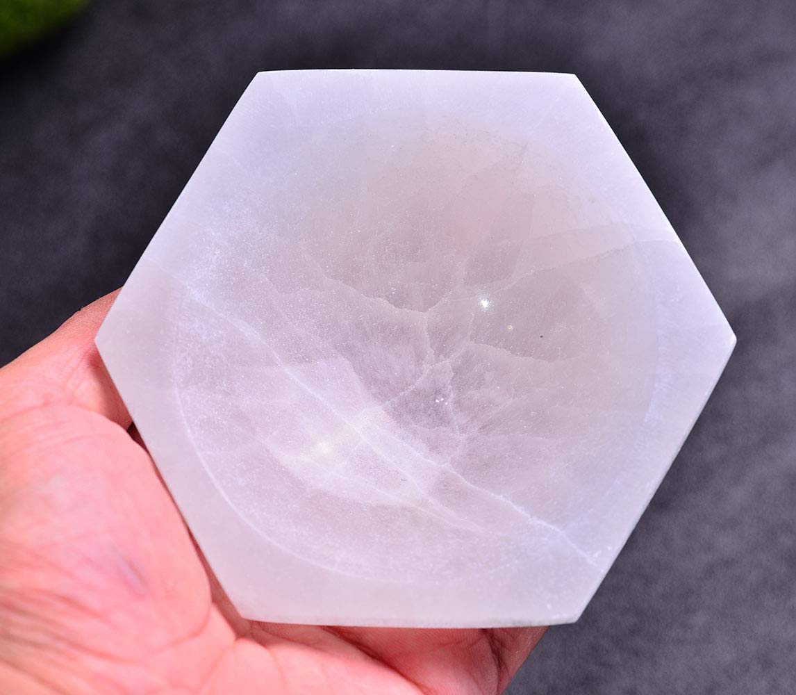 JIC Gem Selenite Bowl Hexagon Reiki Healing Crystal Bowl Moroccan Selenite Plate for Charging and Cleansing 4 Inch