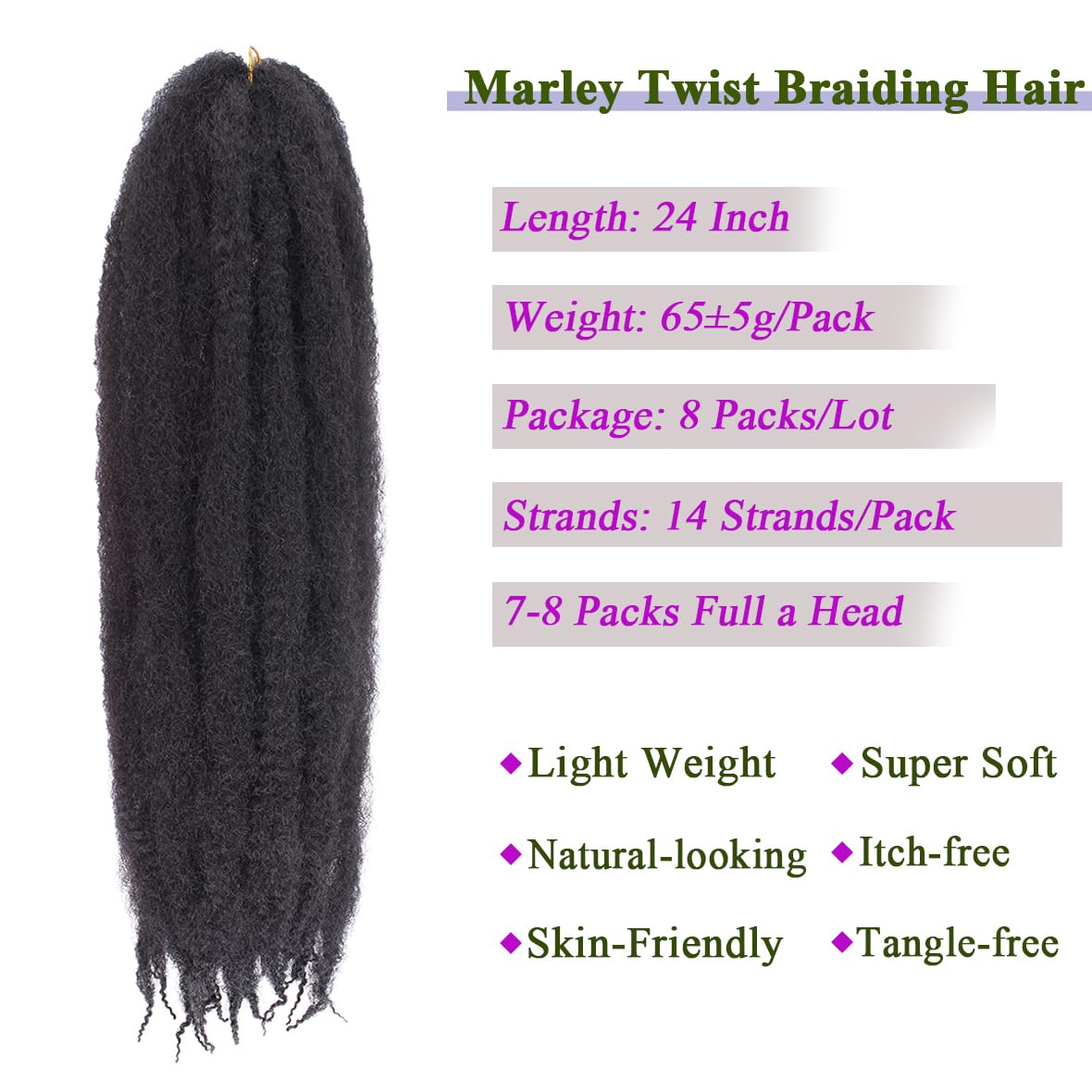 Kachanaa 24 Inch Marley Twist Hair for Senagalese Twists 8 Packs Pre Fluffed Afro Kinky Curly Hair Extensions for Jumbo Twist Marley Braids /1B# - Image 3