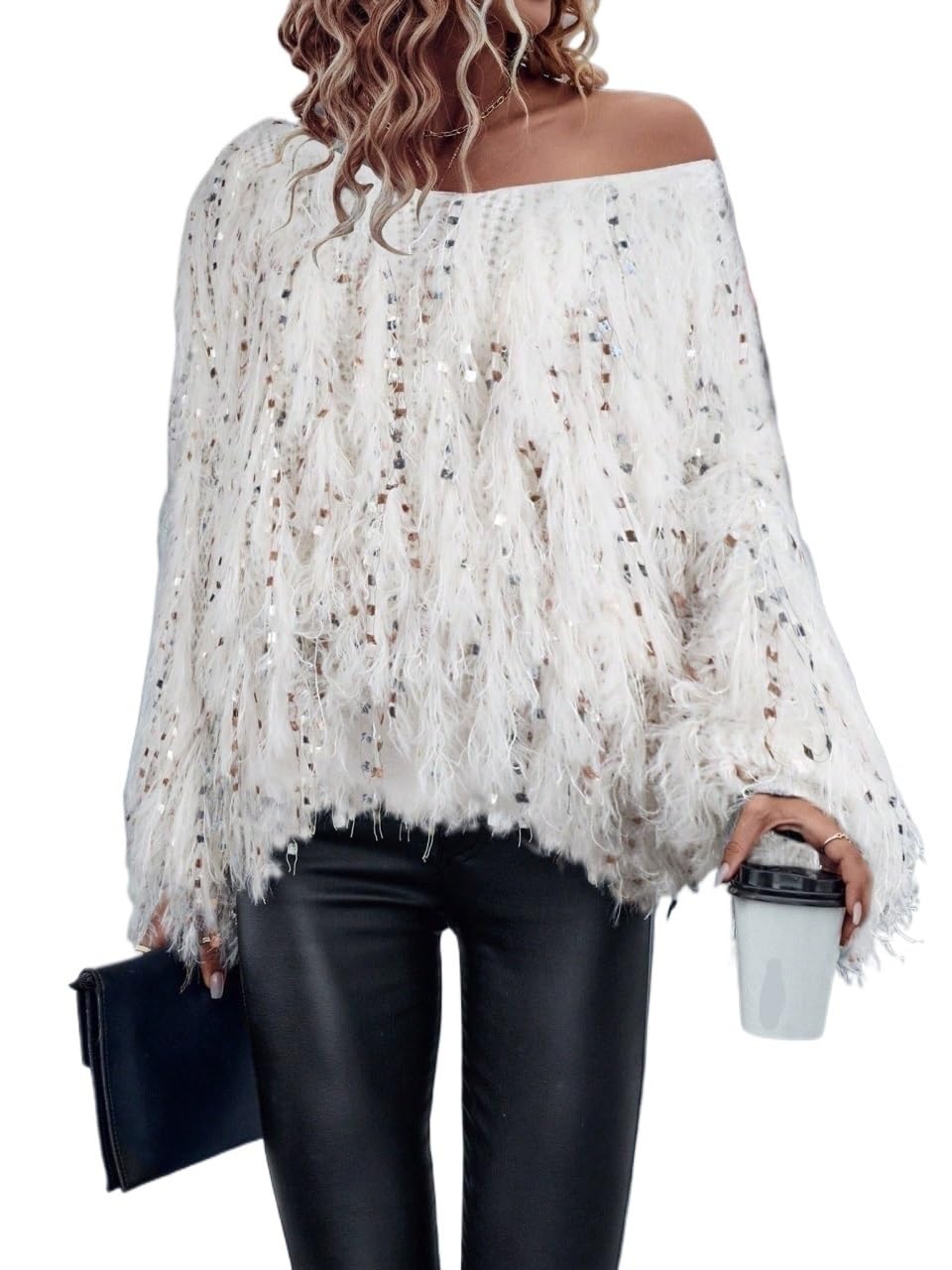 Womens Sweaters 2025 Knit Fall Winter Luxe and Sequin Plush Knit Sweater - V-Neck