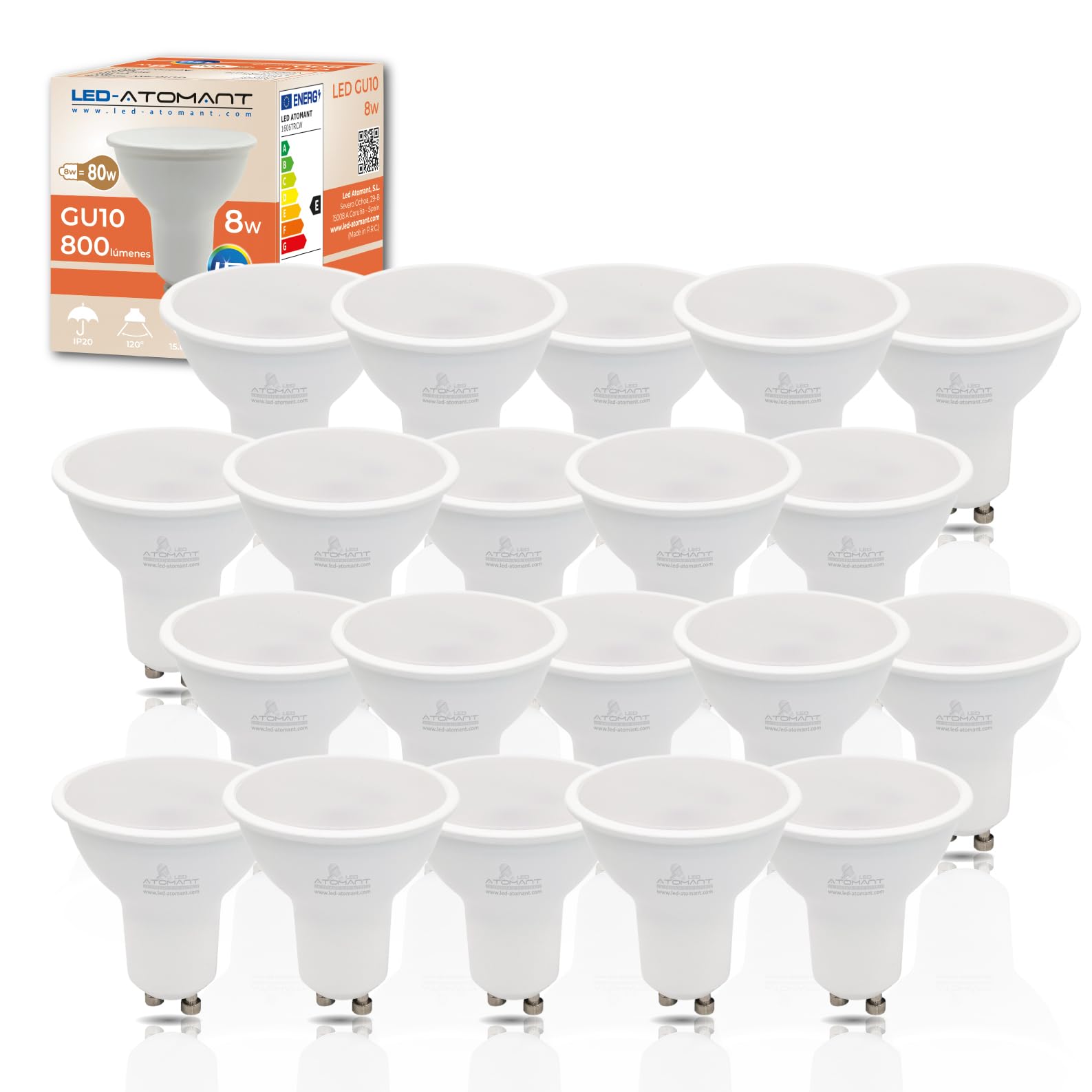 LED ATOMANT Pack 20x Bombilla LED GU10 8W, Color Blanco Frio (6500K), 800 Lumenes, Equivalente a 80W tradicional