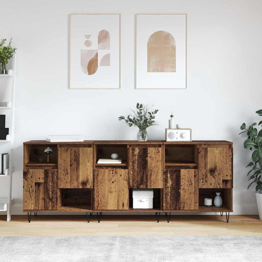 3-częściowy zestaw kredens ze starego drewna, 60 x 35 x 70 cm, miejsce do przechowywania do kuchni, jadalni, salonu, nowoczesna szafka z drzwiami, uniwersalna szafka do przechowywania