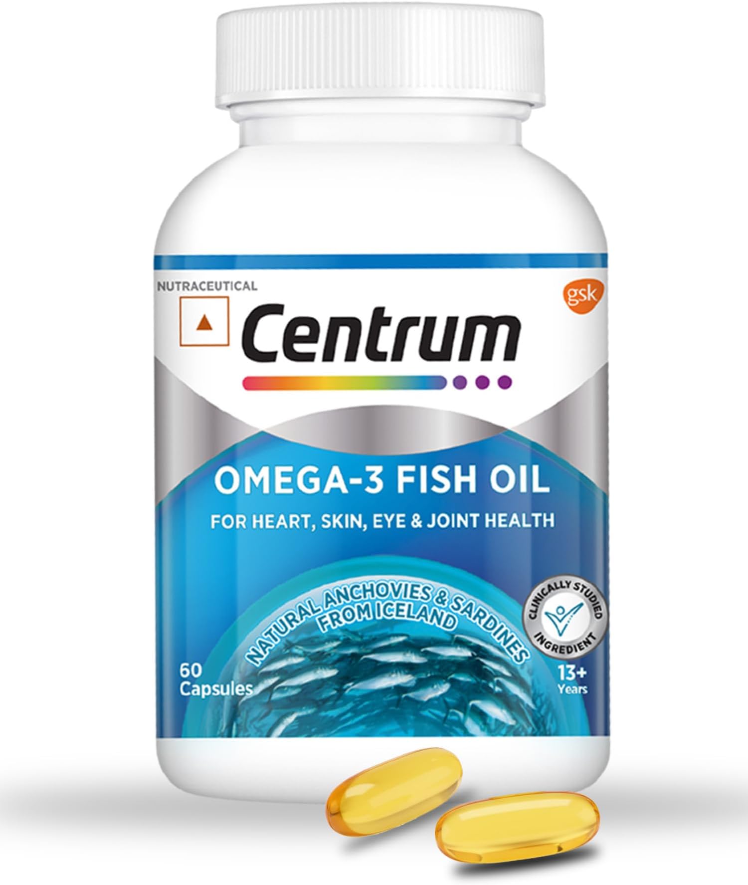 Omega 3 Fish Oil Capsules 1000mg Supplements | Omega 3 with 180mg EPA, 120mg DHA for Hair and Skin Health, Joint Health, Brain Health | No Fishy Aftertaste - 60 Capsules