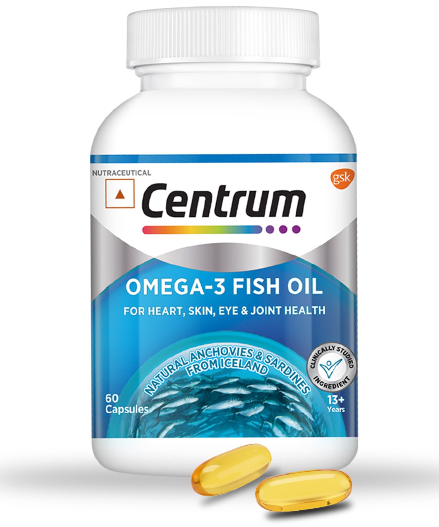 Centrum Omega 3 Fish Oil Capsules 1000mg Supplements | Omega 3 with 180mg EPA, 120mg DHA for Hair and Skin Health, Joint Health, Brain Health | No Fishy Aftertaste - 60 Capsules