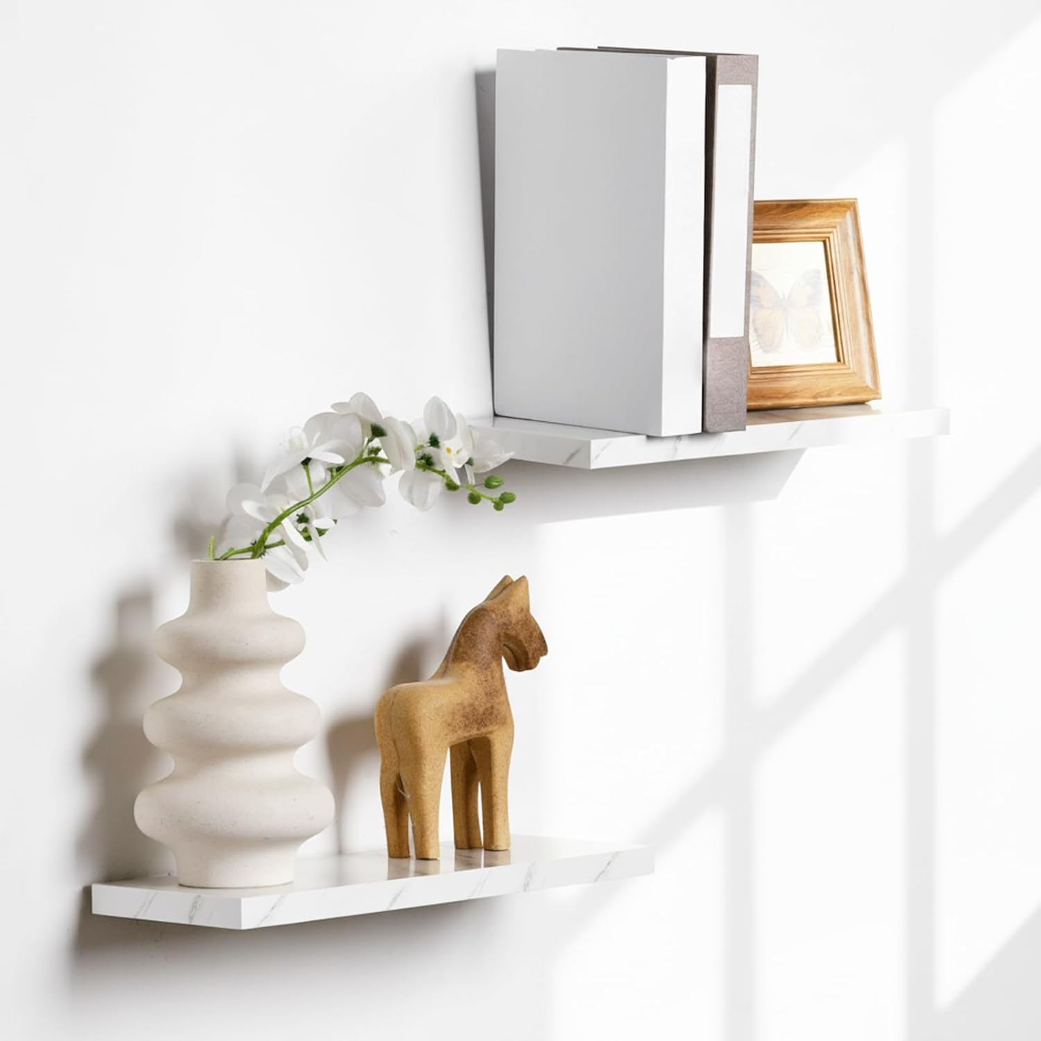 Pinkunn 3 Pcs Faux Marble Floating Shelves Modern Wooden Floating Shelf Wall Mount Organizer Decor for Home Bathroom Kitchen Storage and Display(White)