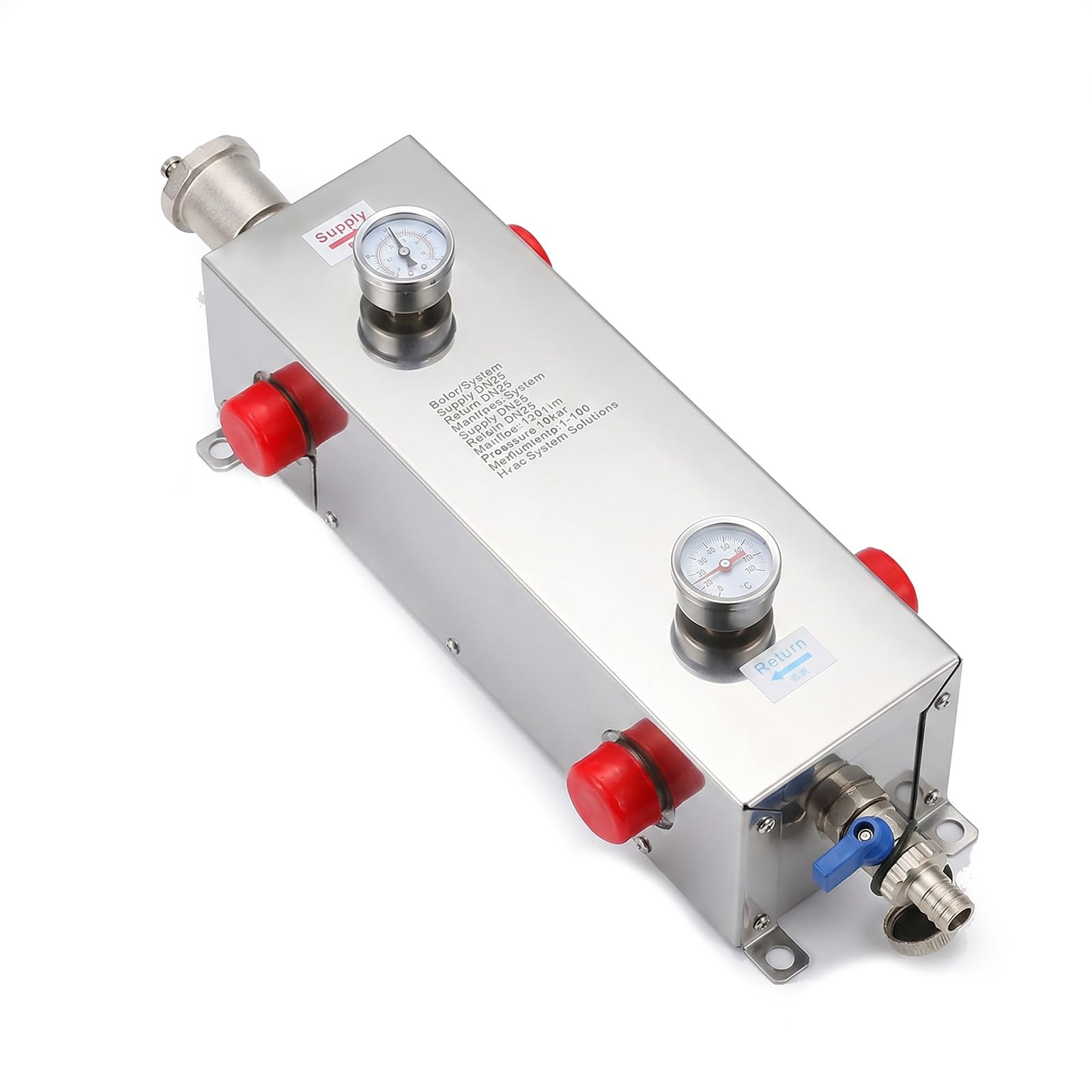 Separatore idronico in acciaio inox, kit collettore per riscaldamento a pavimento radiante a parete con manometro e termometro, serbatoio di disaccoppiamento per caldaia a muro(DN40)