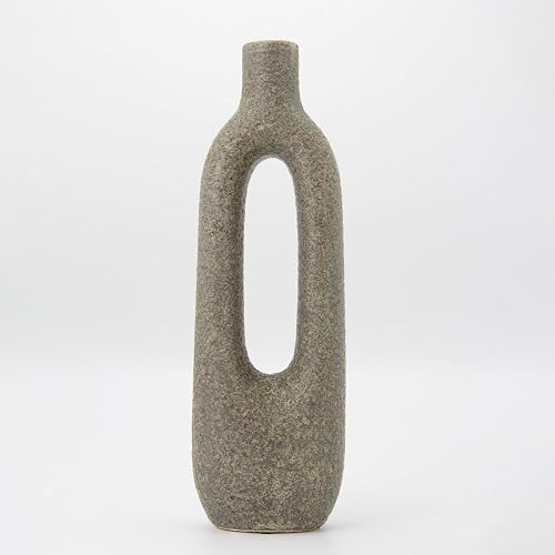 12 inch Tall Ceramic Flower Vase for Dried Flowers, Modern Sculptural Farmhouse Vase with Oval Cutout, Skinny Green Centerpiece for Home Office and Wedding Decor