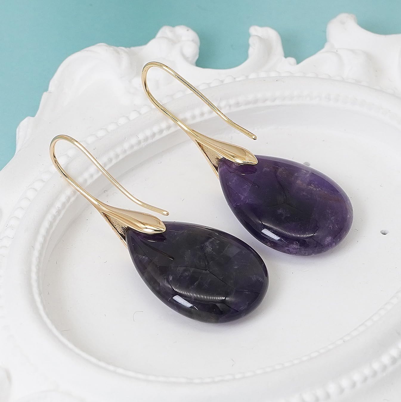 Natural Stone Earrings for Women Boho Dangle Drop Earrings Gemstone Fishhoop Statement Gold Earring - Image 4