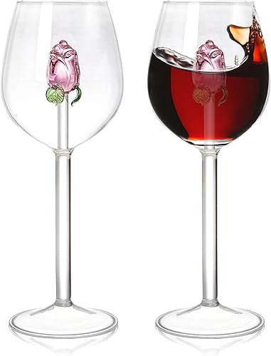 Paquete de 2 copas de vino rosa, copa creativa de 10 onzas con rosa en el interior, copas de vino elegantes con tallo, cristalería de cóctel