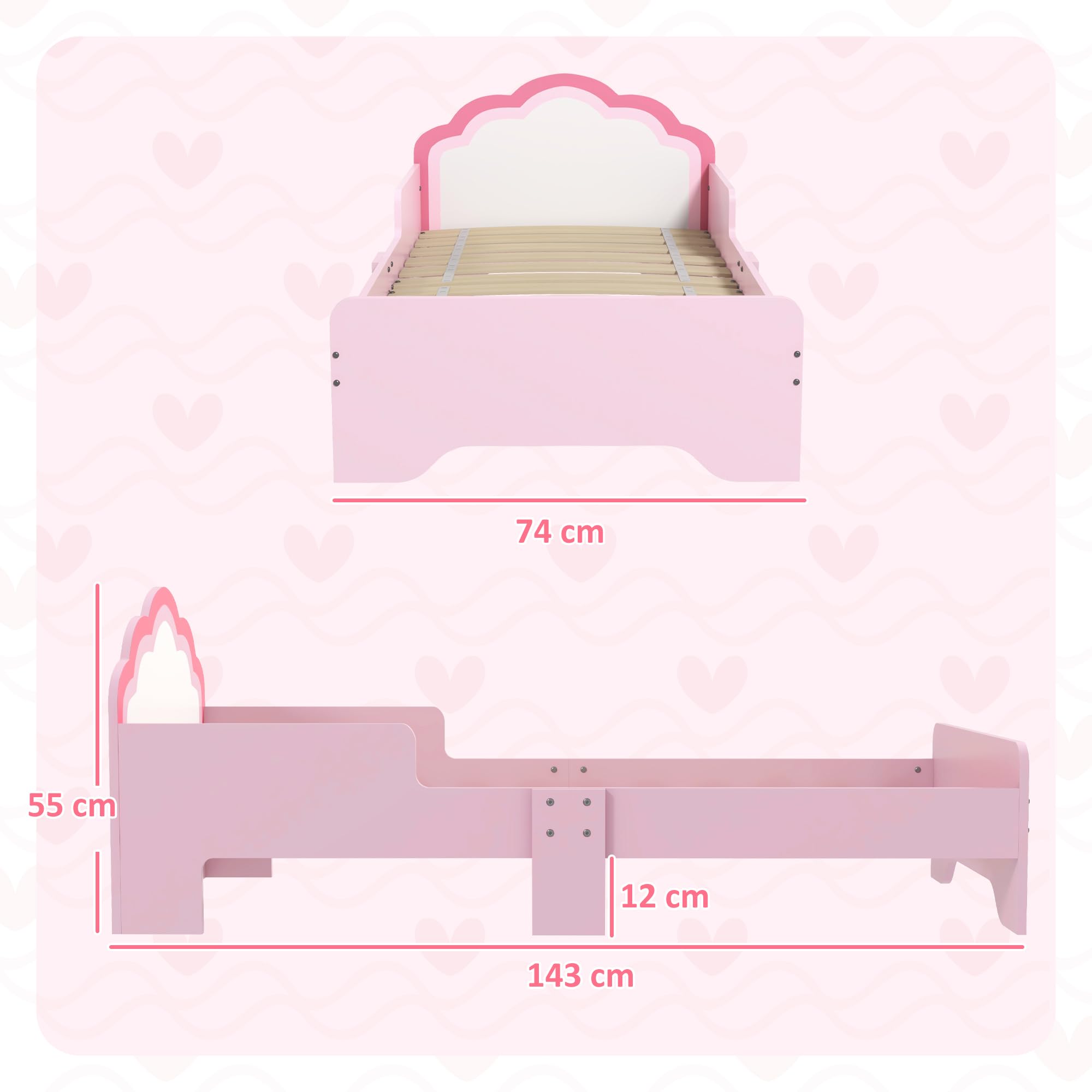 ZONEKIZ Cama Infantil 70x140 cm, Cama para Niños con Barrera Anticaídas y Somier, Cabecero en Forma de Nube, Rosa