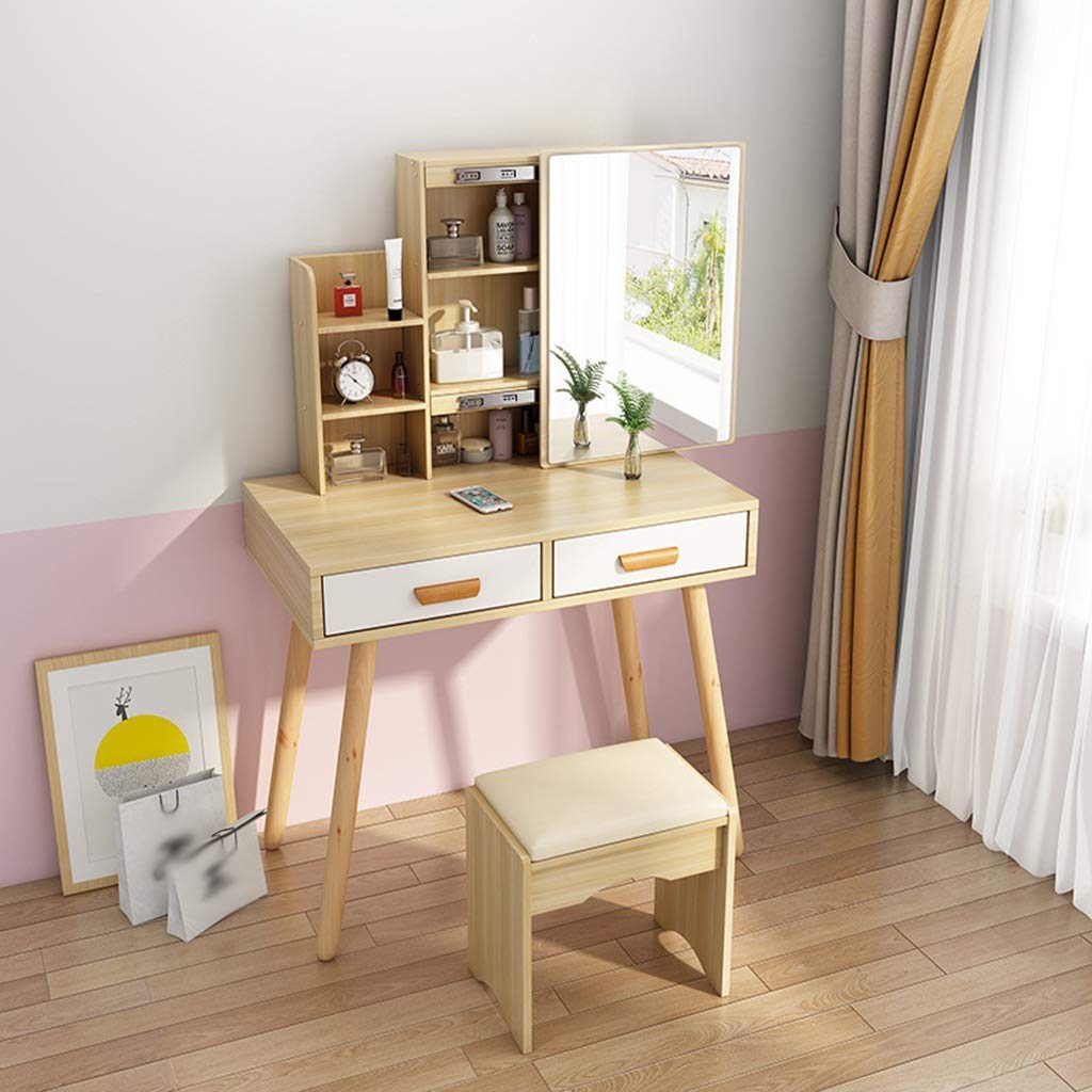 Tocador moderno MU con espejo deslizante, taburete y 2 cajones en color marrón para dormitorio.