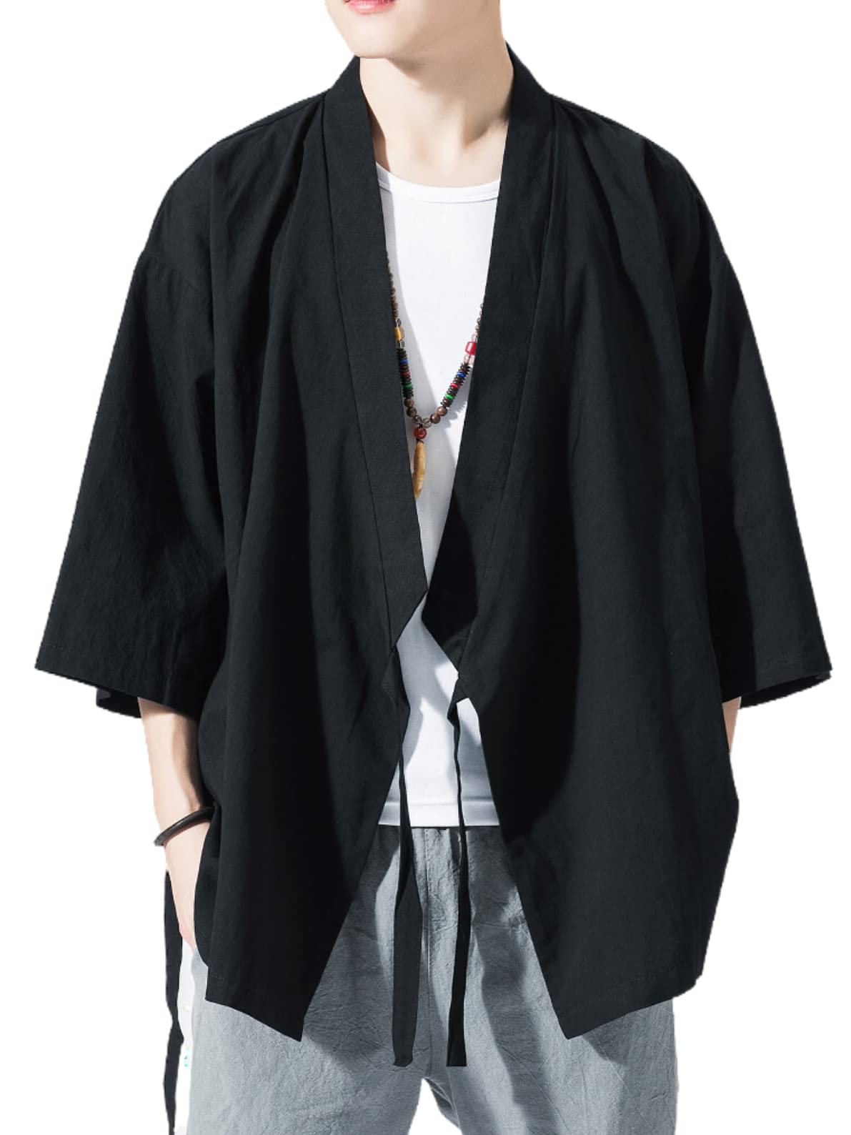Men's Japanese Kimono Cardigan Loose Cotton Linen 3/4 Sleeve Open Front Casual Summer Shirt Jackets