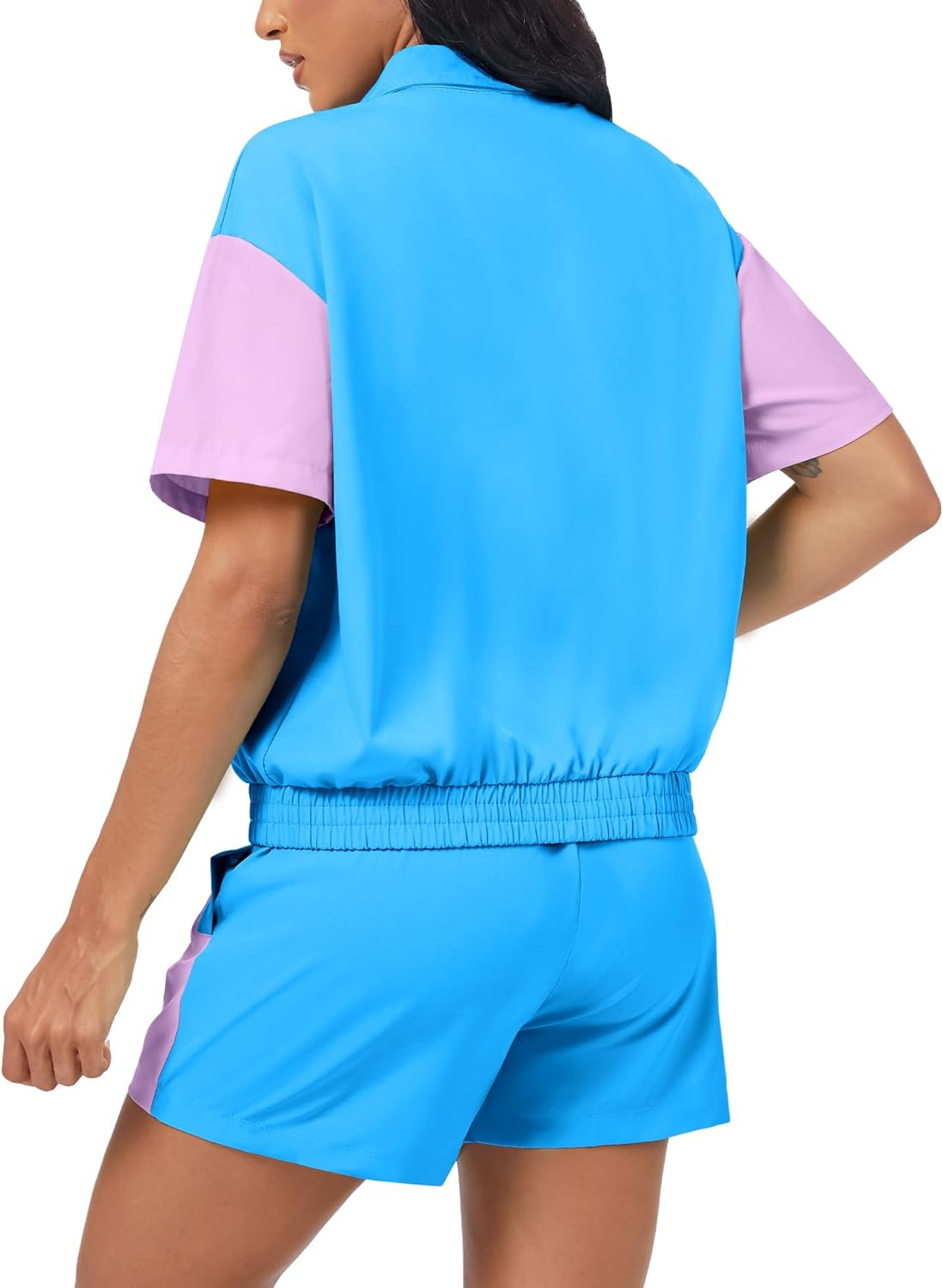 ZDT Women's Color Block 80s 90s Outfit 2 Piece Short Sleeve Costume Zip Up Windbreaker Track Suits Set - Image 4