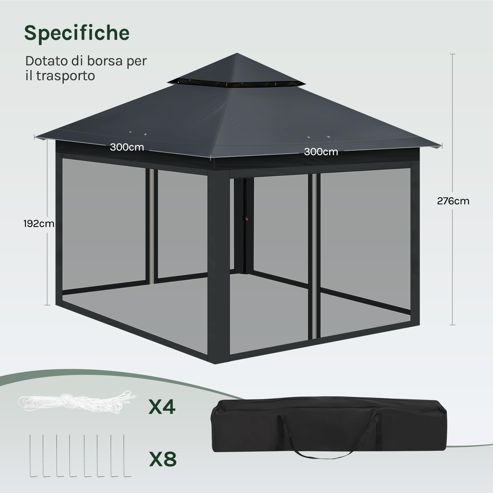 WOLTU Gazebo da Giardino 3x3 Pieghevole Impermeabile con Zanzariera Doppio Tetto Antracite