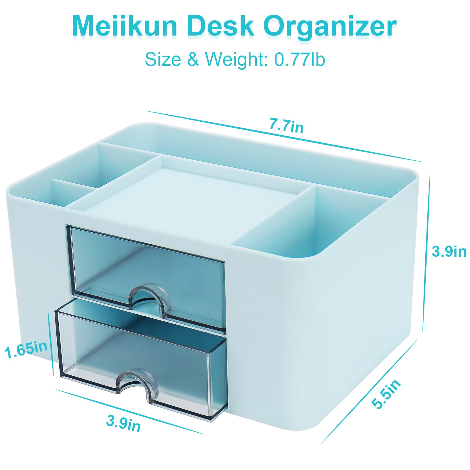 Meiikun Stift-Organizer aus Kunststoff, multifunktionaler Schreibtisch-Organizer mit 2 Schubladen, 4 Fächern und einer oberen Ablage, Stifthalter, Schreibtisch-Organizer und Zubehör für Büro, 19,6 x