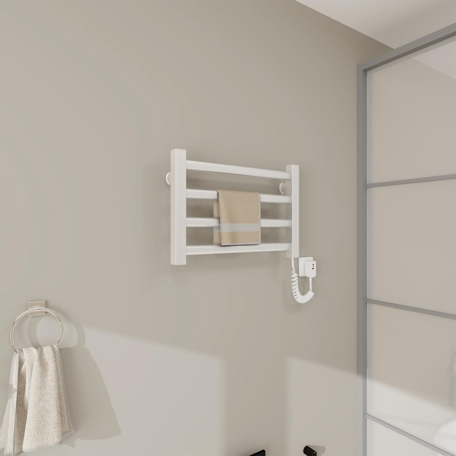 Radiador Toallero Eléctrico Bajo Consumo, Toallero Eléctrico Calefactado para Baño, Montado en Pared, Secador de Toallas con Termostato Integrado, 4 Barras y Ganchos-White
