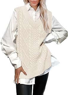 BWQ Women’s Oversized Sweater Vest V Neck Sleeveless Plaid Cable Knit Tank Top Sweaters