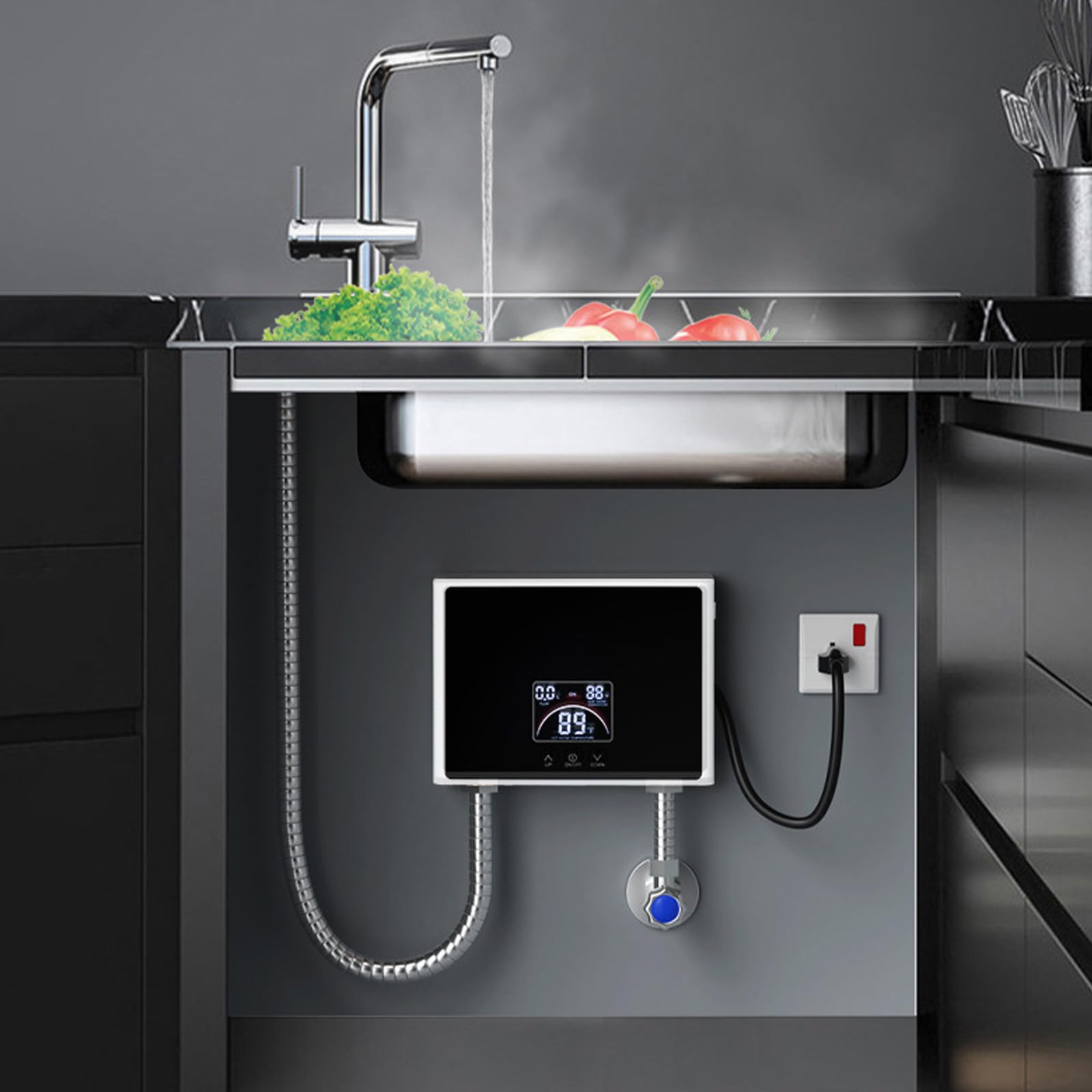 Tankless Durchlauferhitzer Elektrisch - 220V 5500W Instant Warmwasserbereiter mit LED-Display, 30-55℃, Steckerfertig, für Badezimmer Küche