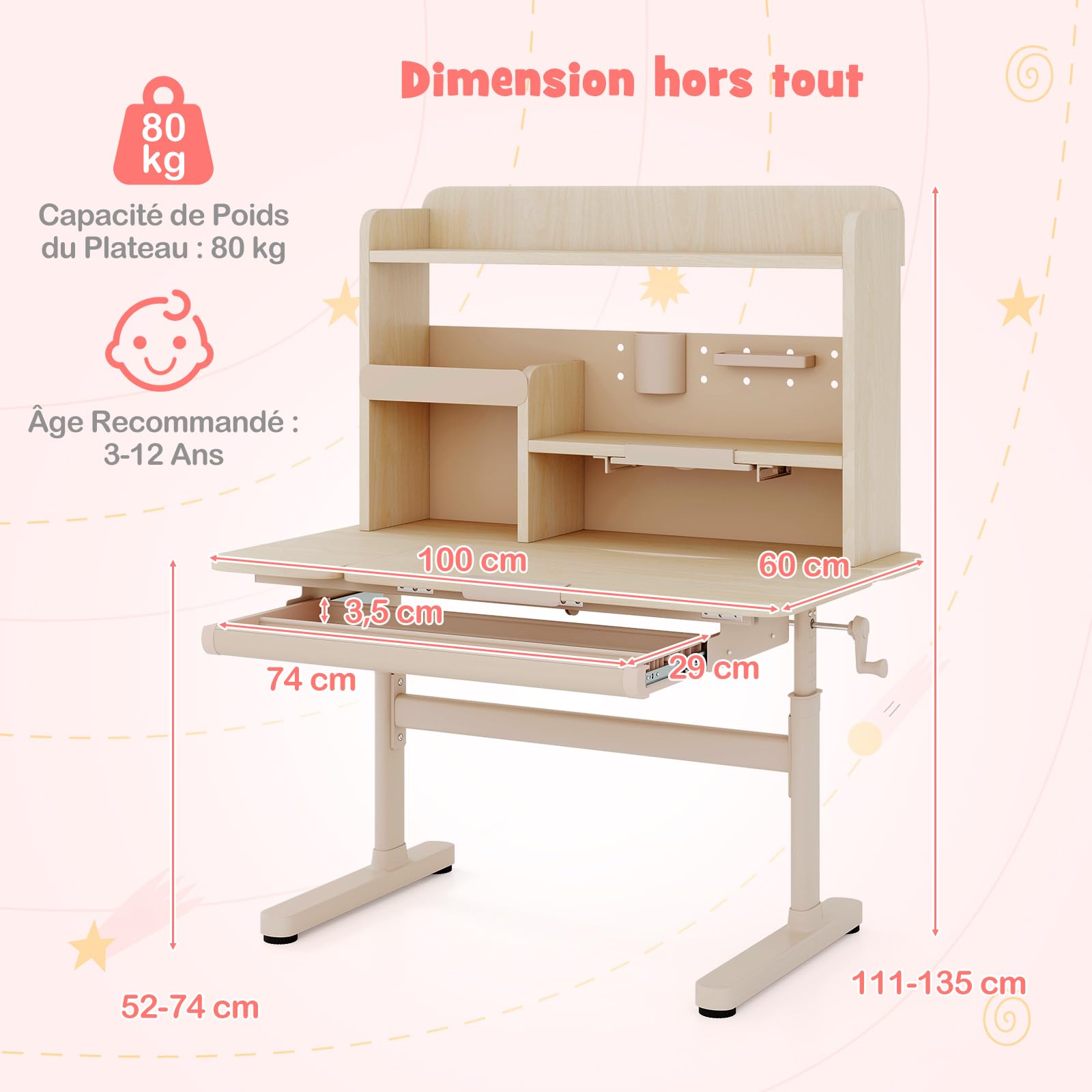 COSTWAY Bureau Enfant Fille Garcon avec Hauteur Réglable, Table Enfant avec Plateau Inclinable, Bibliothèque, Étagères, Tiroir, Support de Livre, Porte-Stylo, Charge 80 kg, pour 3-12 Ans (Naturel)